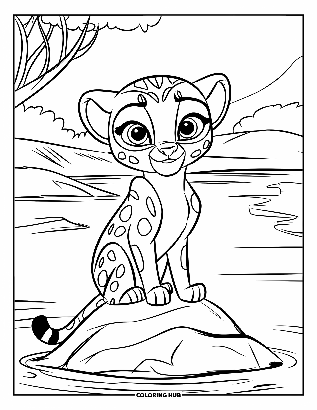 Disegni di ghepardi da colorare per bambini: Un cucciolo curioso è seduto su una roccia in acqua, circondato da alberi e montagne lontane