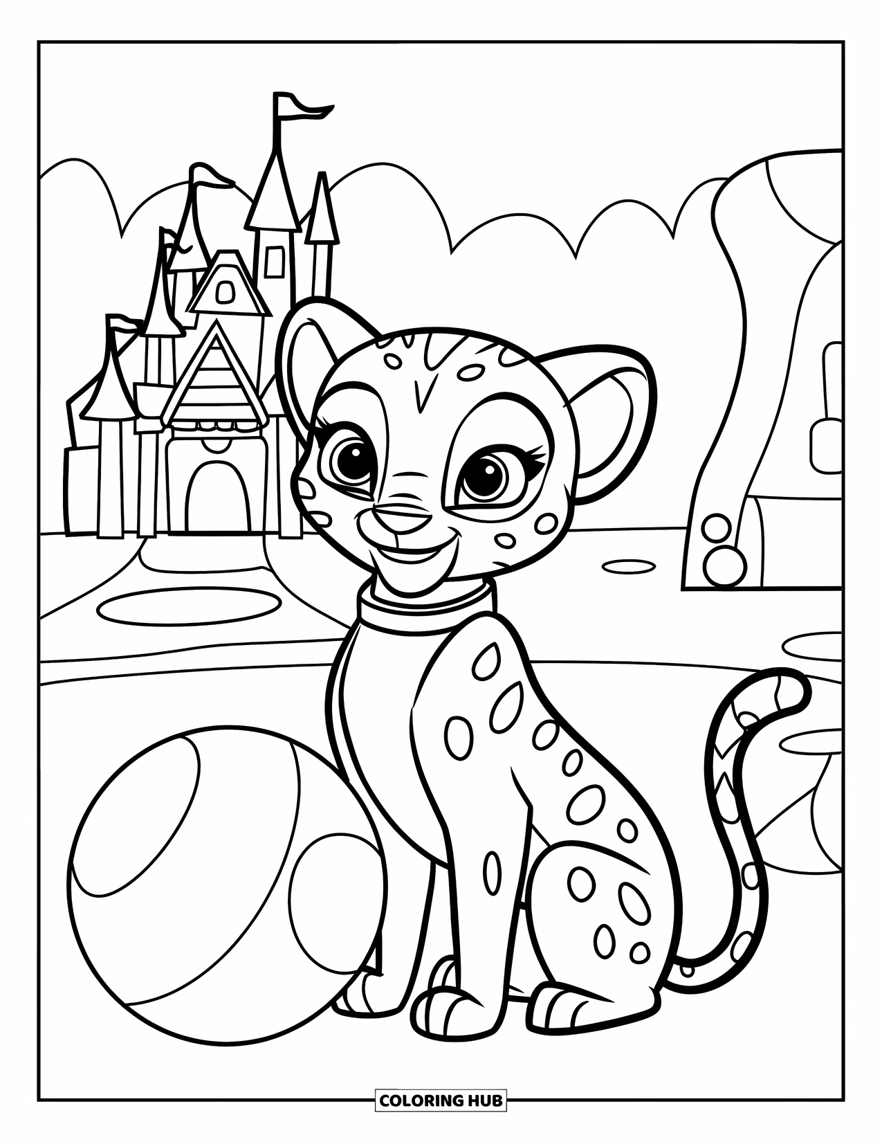 Disegni di ghepardi da colorare per bambini: Un ghepardo carino è seduto accanto a una palla in un'area di gioco divertente con un castello dietro