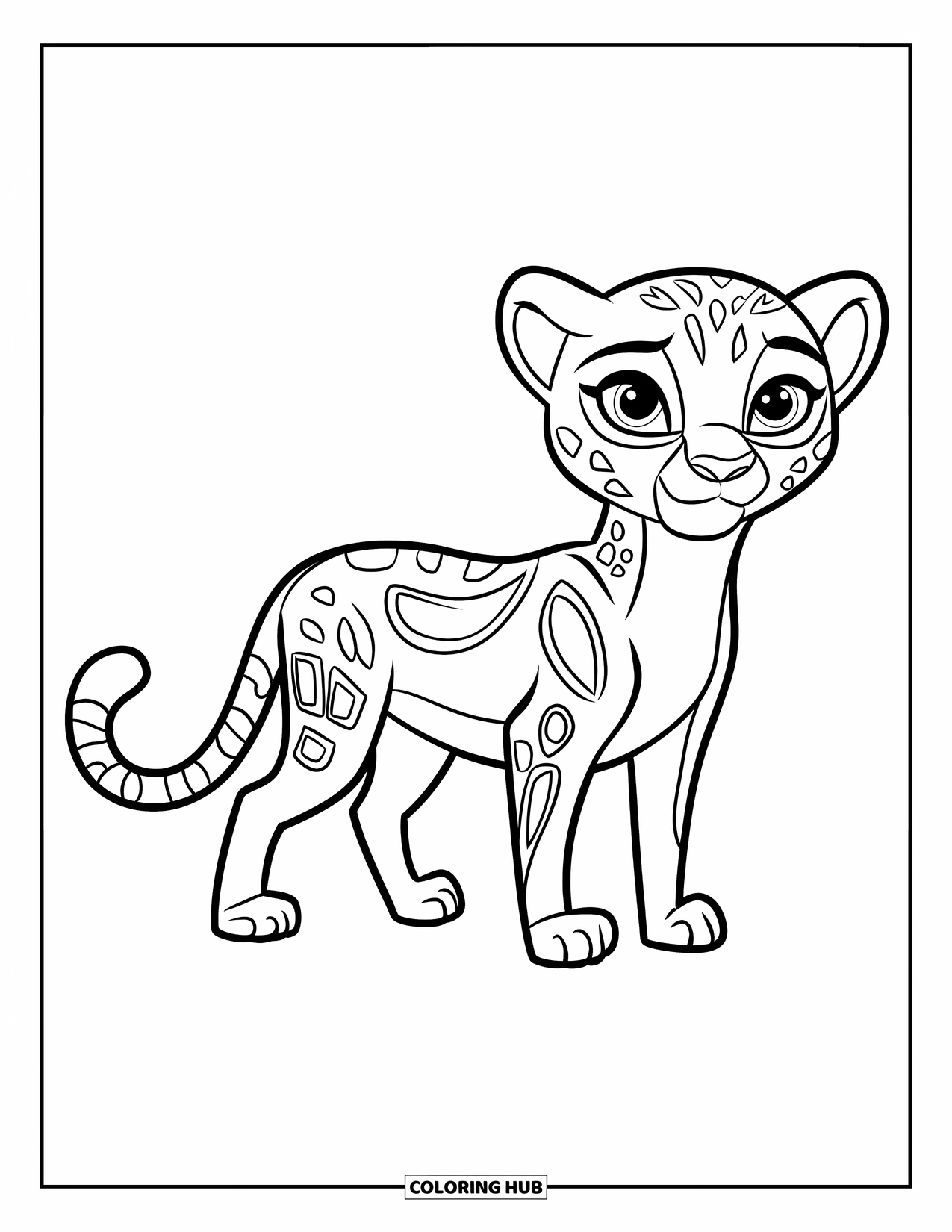 Disegni di ghepardi da colorare per bambini: Un ghepardo carino sta con la coda arricciata