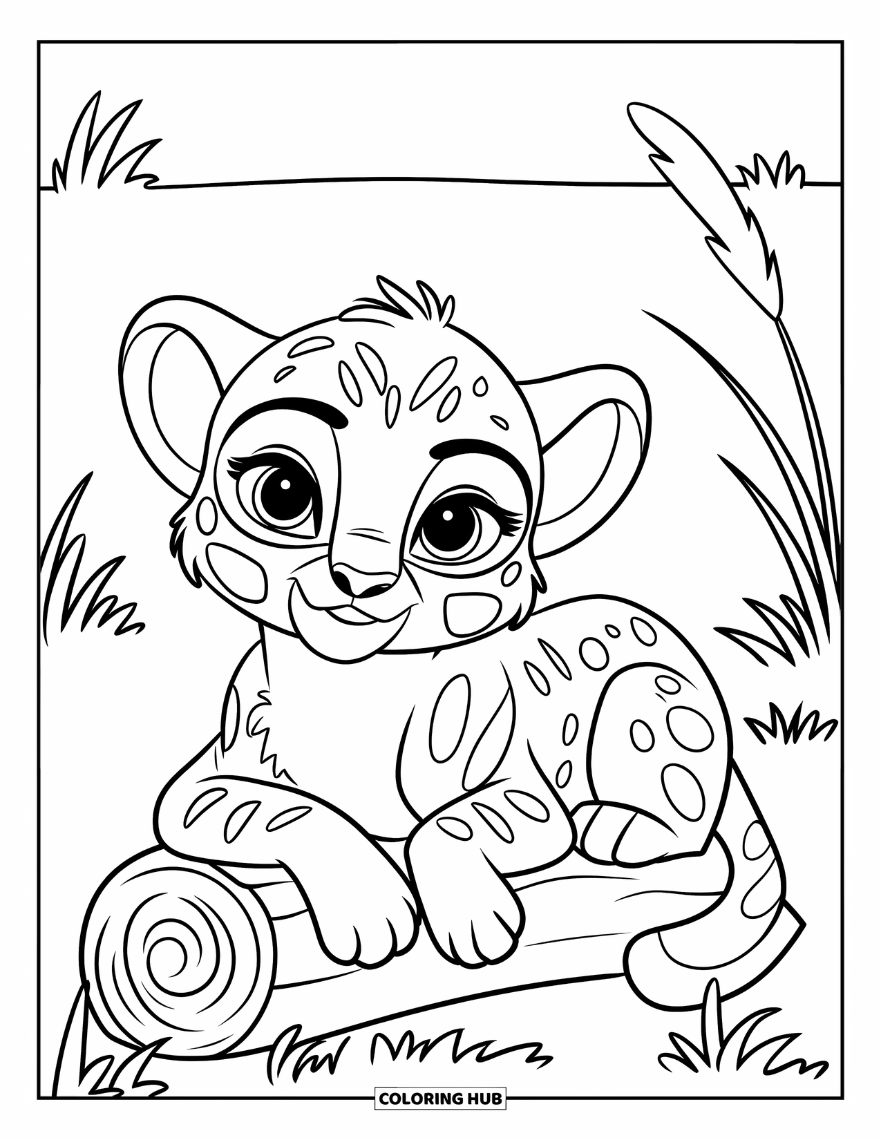 Disegni di ghepardi da colorare per bambini: Un cucciolo soffice riposa su un tronco circondato da erba alta in una savana tranquilla