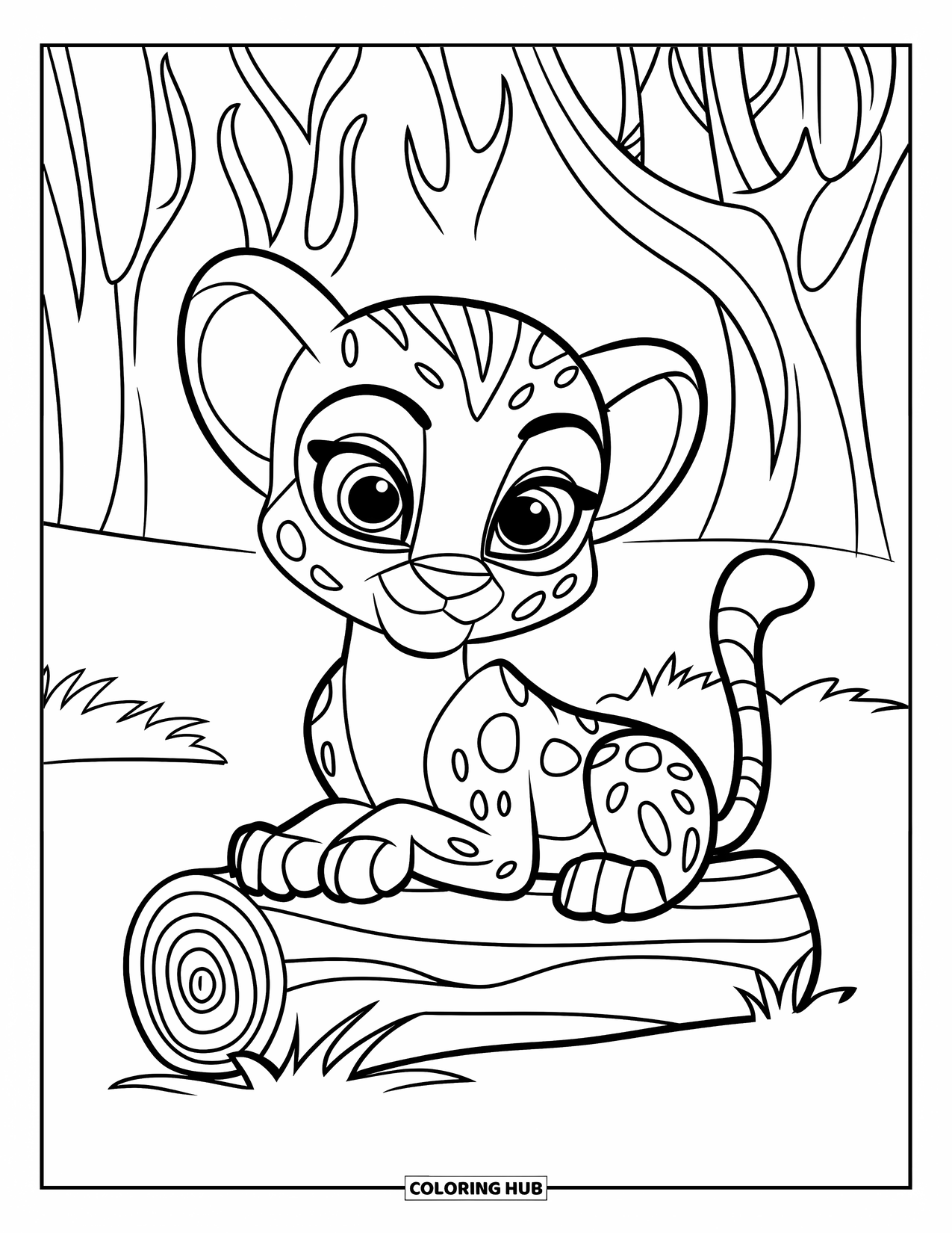 Disegni di ghepardi da colorare per bambini: Un cucciolo soffice con grandi occhi riposa su un tronco in una foresta piena di alberi strutturati