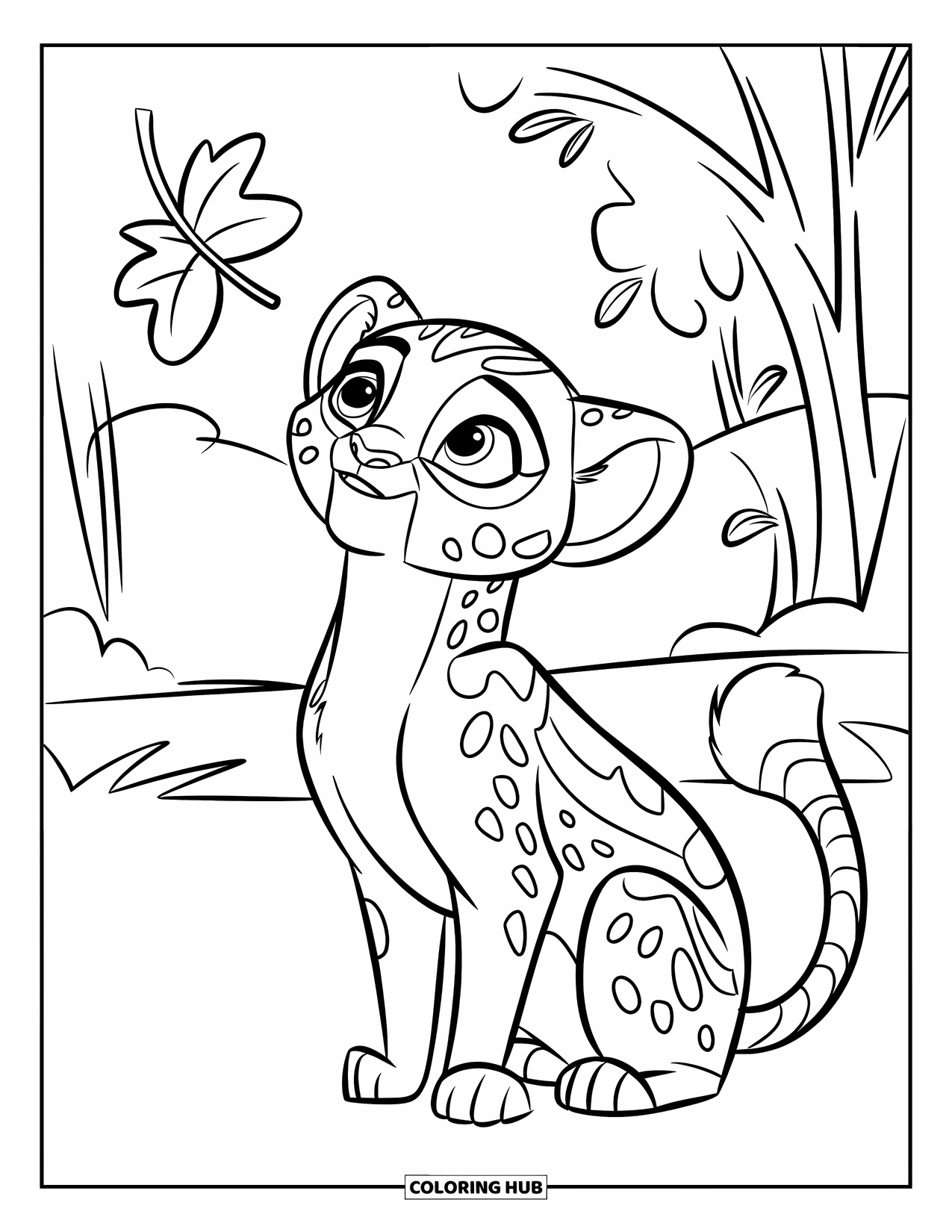 Disegni di ghepardi da colorare per bambini: Un cucciolo con coda soffice siede in un campo osservando una foglia fluttuare dagli alberi frondosi