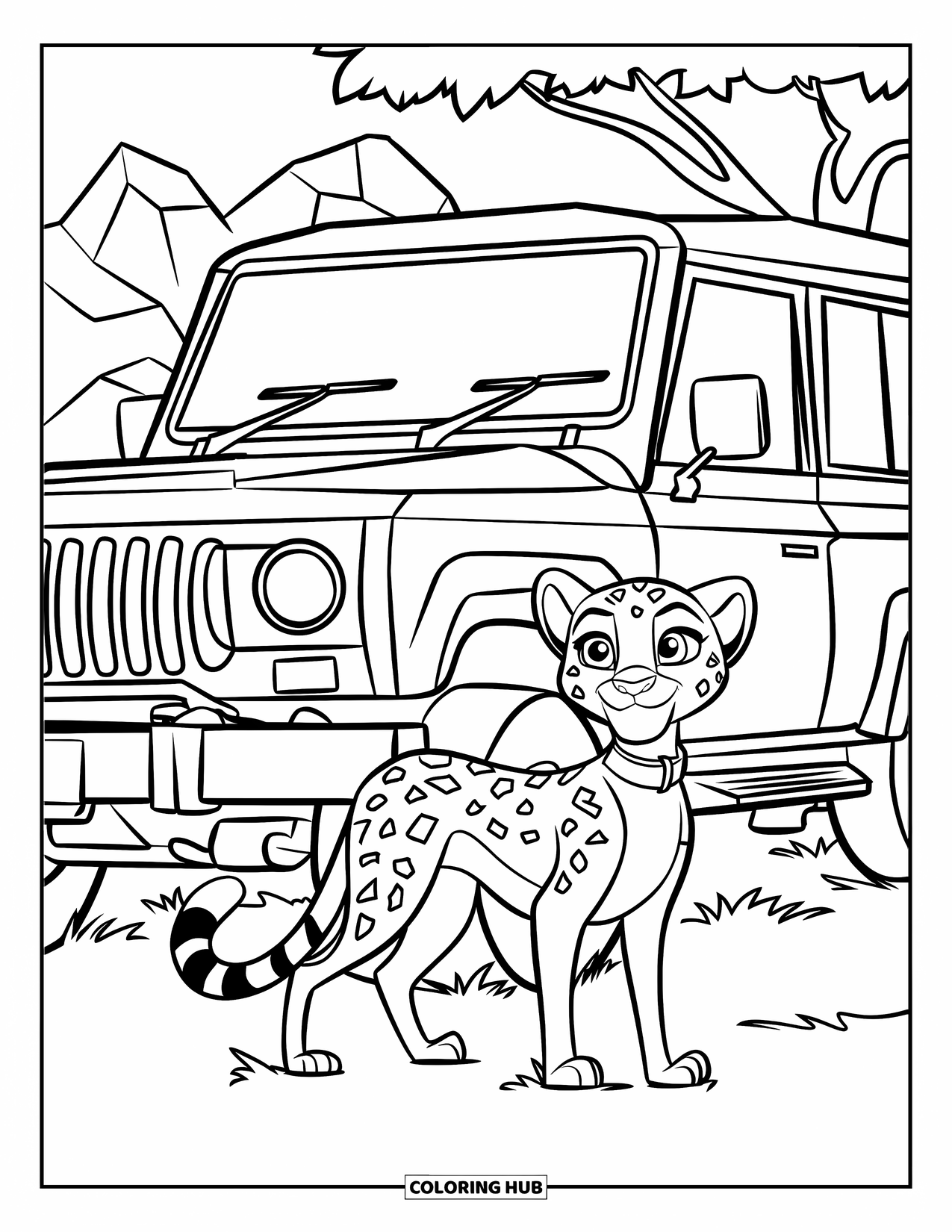 Disegni di ghepardi da colorare per bambini: Un ghepardo amichevole appoggia le zampe su una gomma di jeep con alberi e rocce intorno