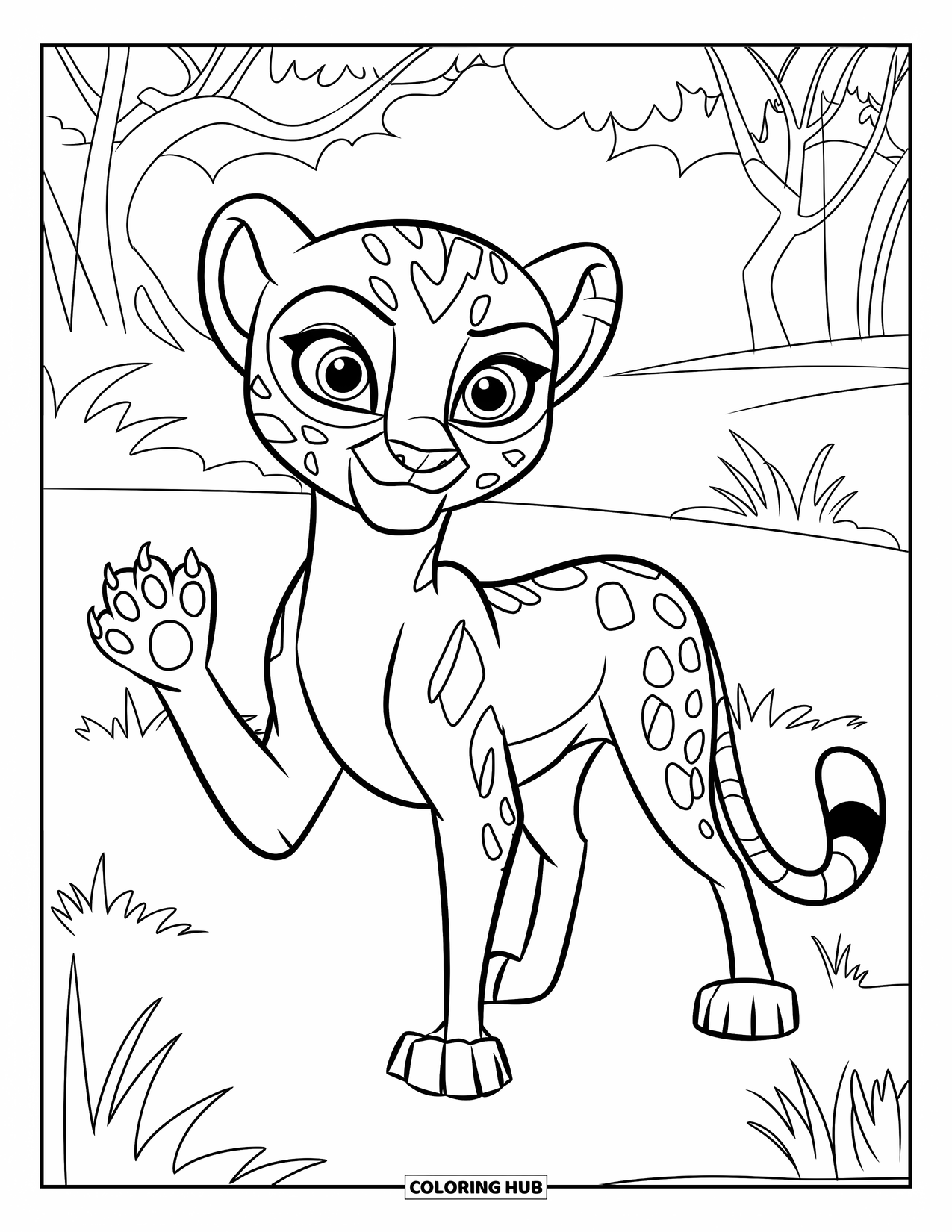 Disegni di ghepardi da colorare per bambini: Un ghepardo amichevole saluta da un campo circondato da pochi alberi