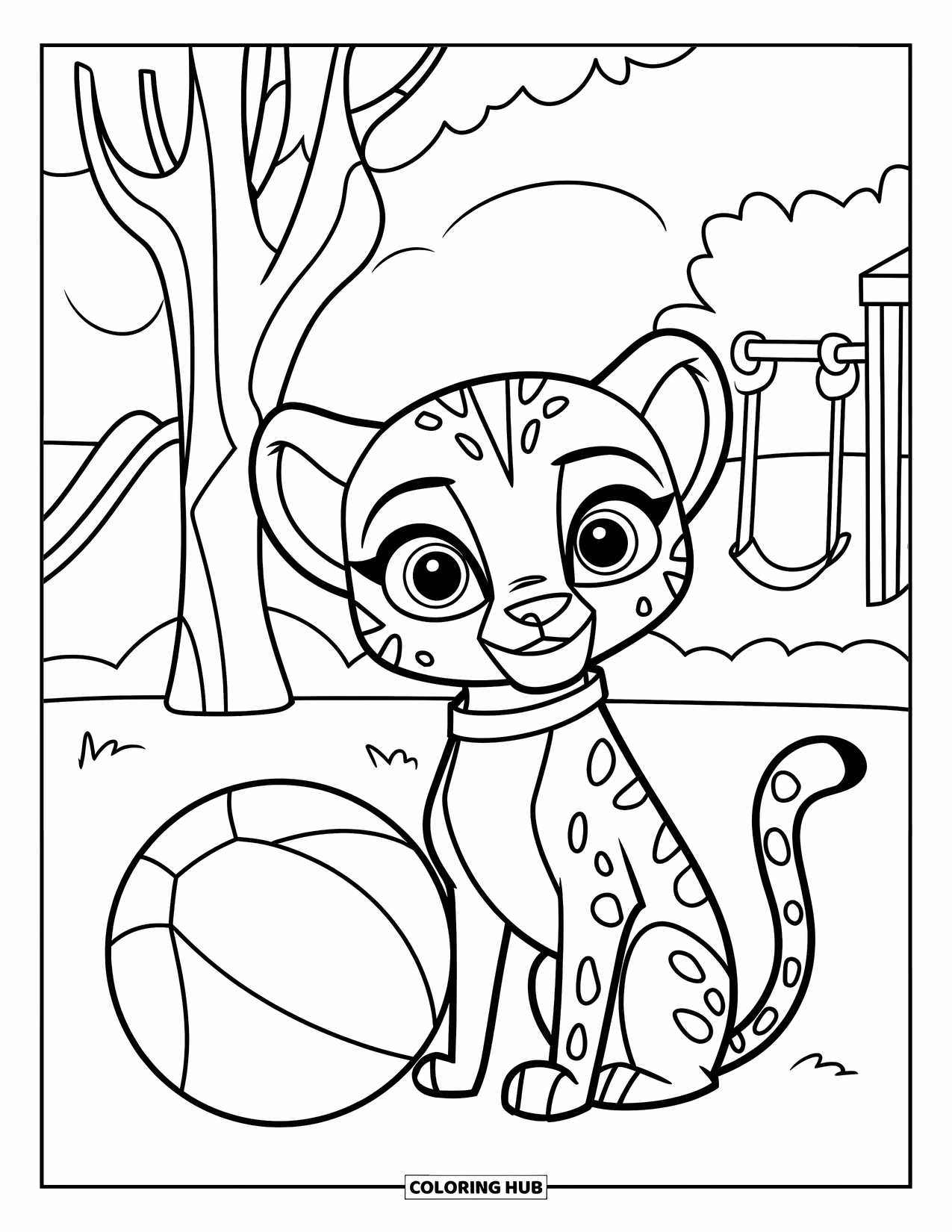 Disegni di ghepardi da colorare per bambini: Un ghepardo felice è seduto accanto a una palla vicino a un albero e alcune strutture di gioco