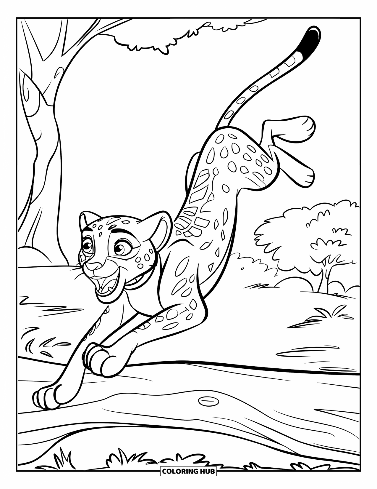Disegni di ghepardi da colorare per bambini: Un ghepardo in salto con collare sorvola un tronco in una foresta densa