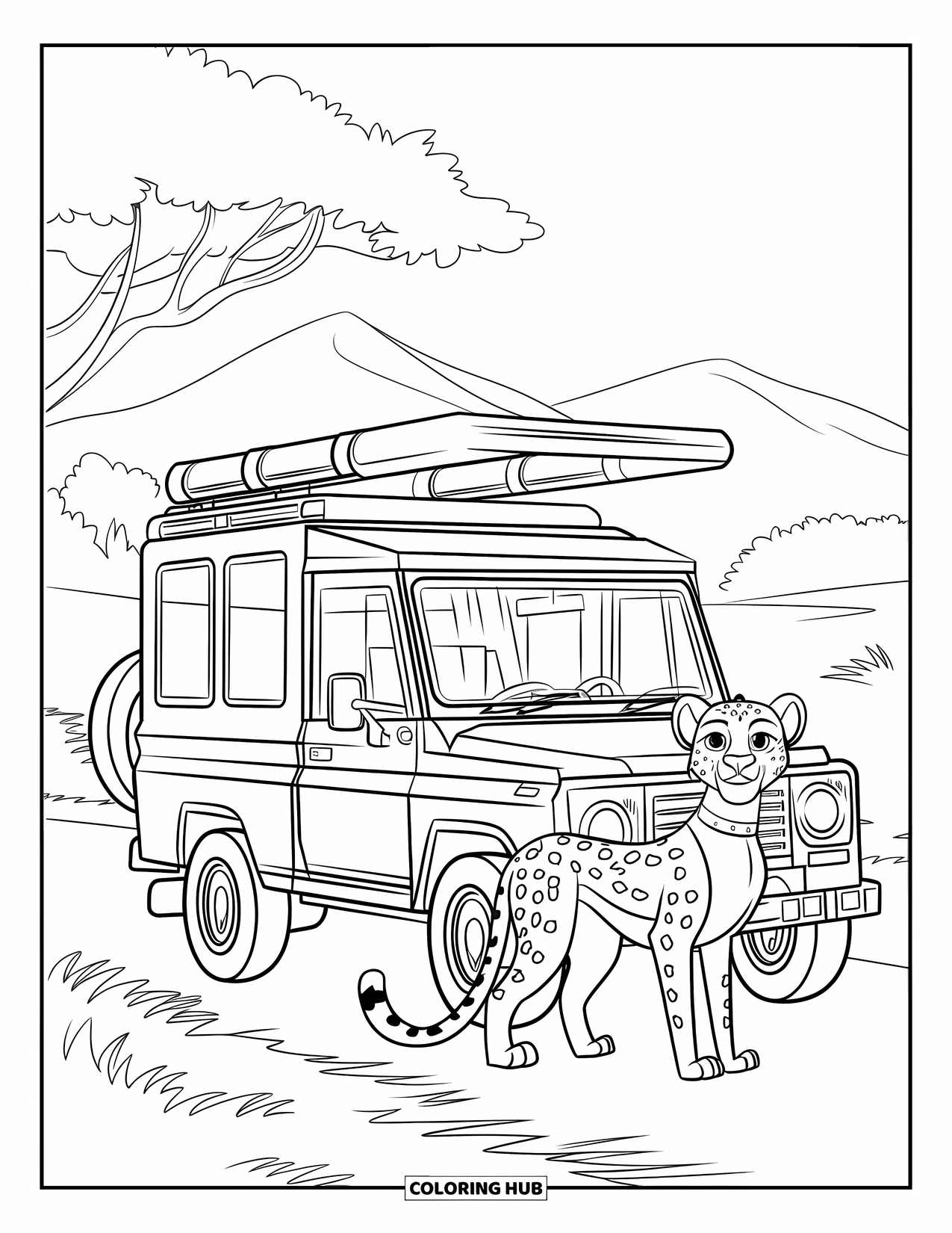 Disegni di ghepardi da colorare per bambini: Un ghepardo al guinzaglio si trova presso una jeep da safari su una strada sterrata con alberi e montagne