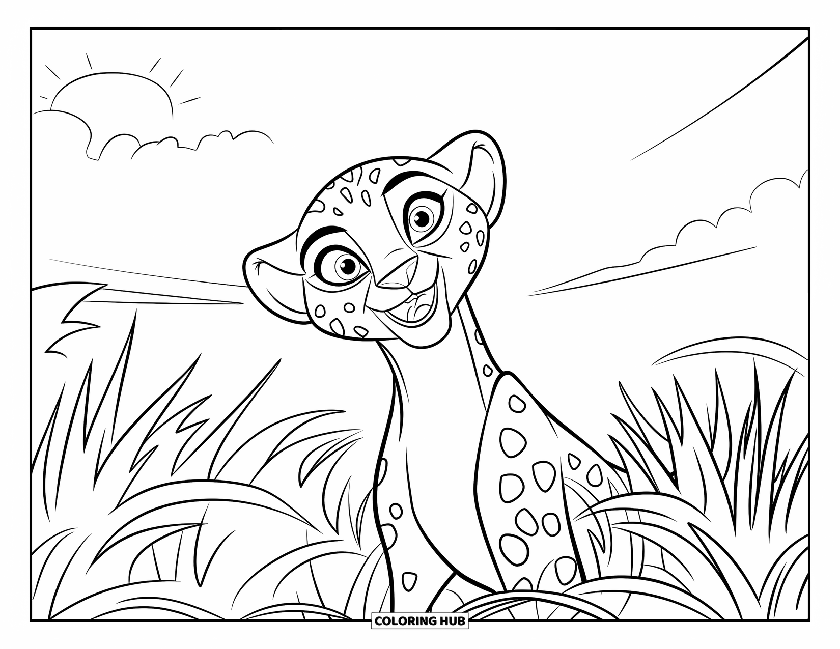 Disegni di ghepardi da colorare per bambini: Un ghepardo giocoso sbircia dall'erba alta con occhi grandi in una giornata di sole