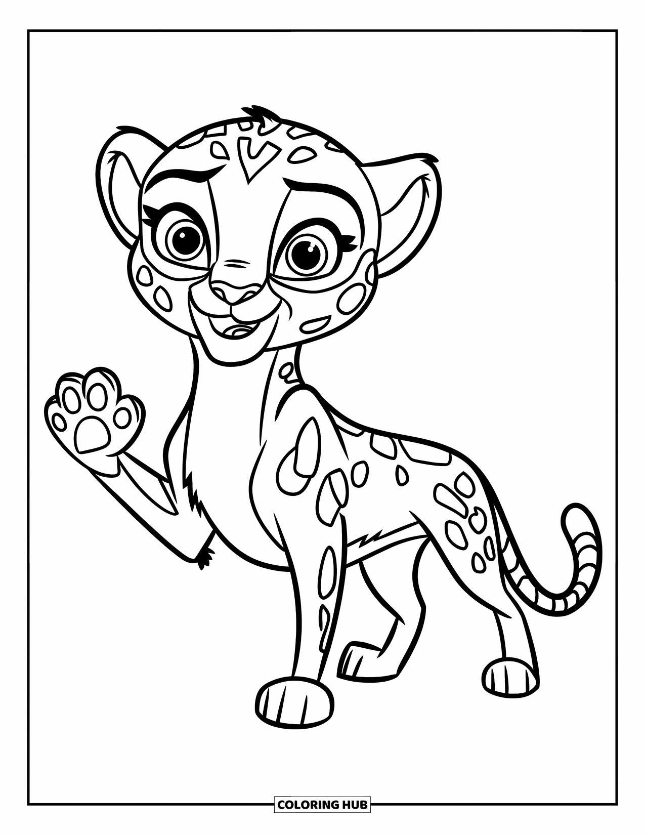 Disegni di ghepardi da colorare per bambini: Un ghepardo giocoso saluta felice contro uno sfondo semplice e facile da colorare