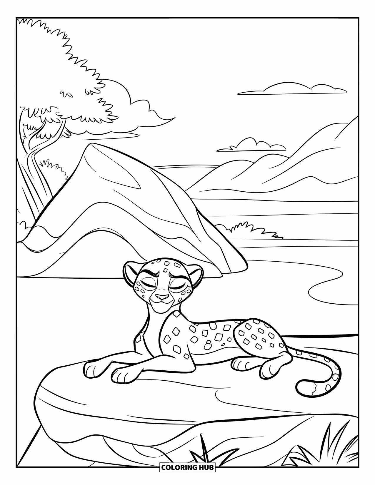 Disegni di ghepardi da colorare per bambini: Un ghepardo riposa su una roccia vicino all'acqua, con alberi, montagne e nuvole sullo sfondo