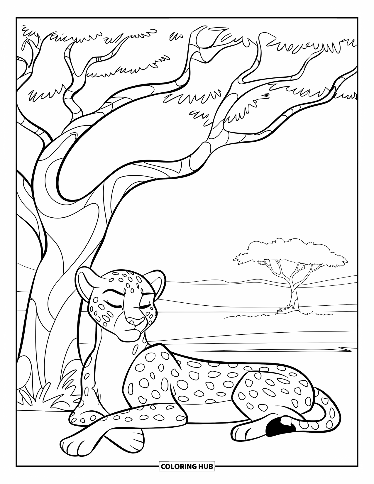 Disegni di ghepardi da colorare per bambini: Un ghepardo riposa sotto rami spinosi in una savana soleggiata con alberi lontani