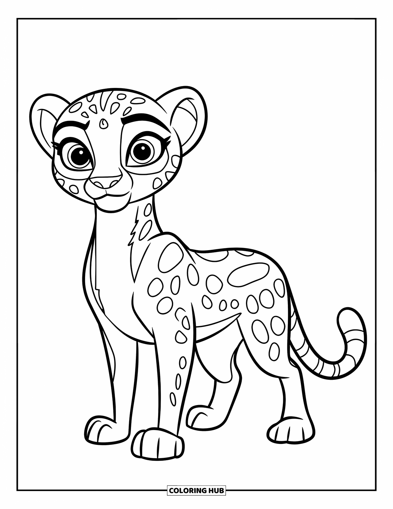 Disegni di ghepardi da colorare per bambini: Un ghepardo semplice si erge fieramente con la coda arricciata dietro