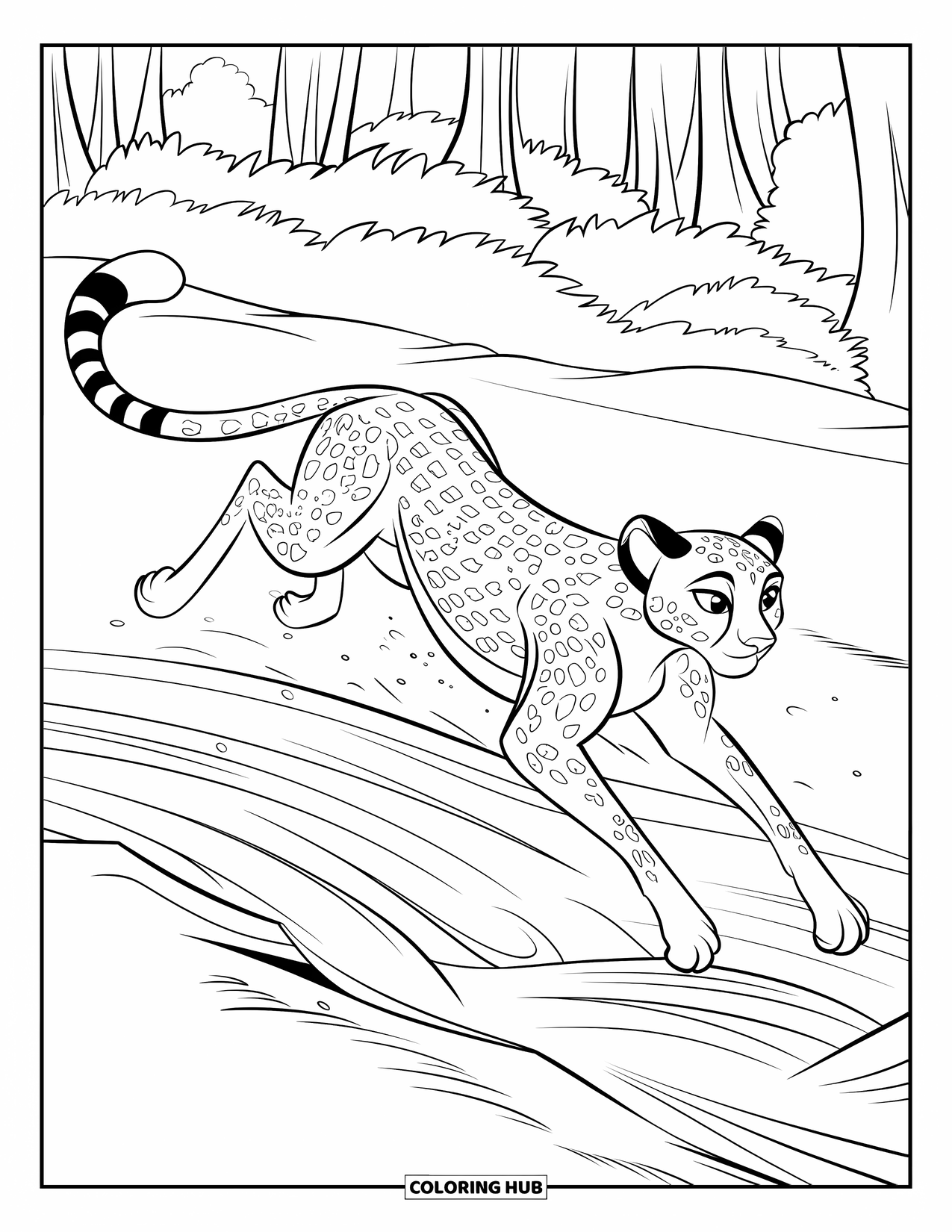 Disegni di ghepardi da colorare per bambini: Un ghepardo elegante salta sopra acqua fluente, il corpo teso sopra un ruscello forestale