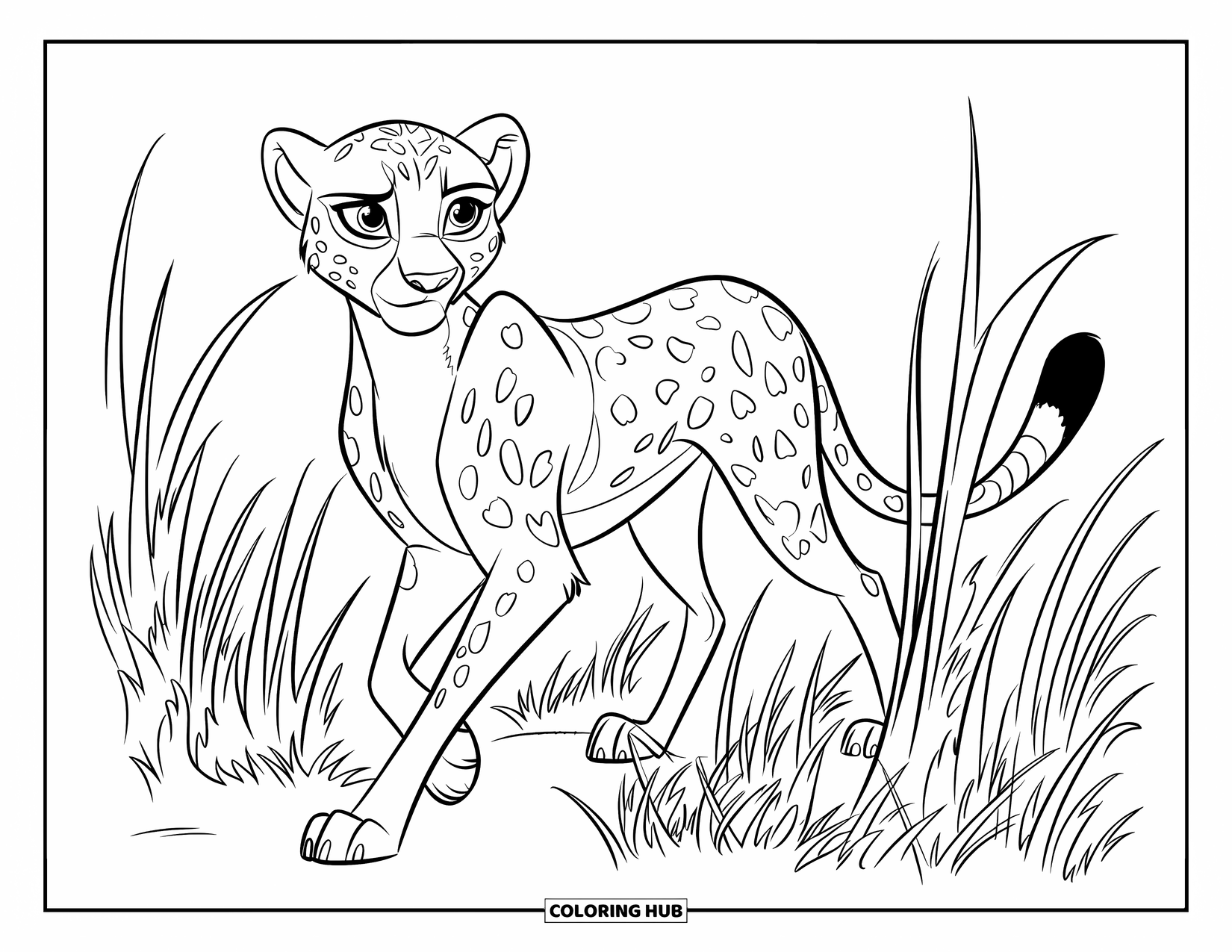 Disegni di ghepardi da colorare per bambini: Un ghepardo elegante cammina tra l'erba ondeggiante della savana sotto un cielo aperto e tranquillo
