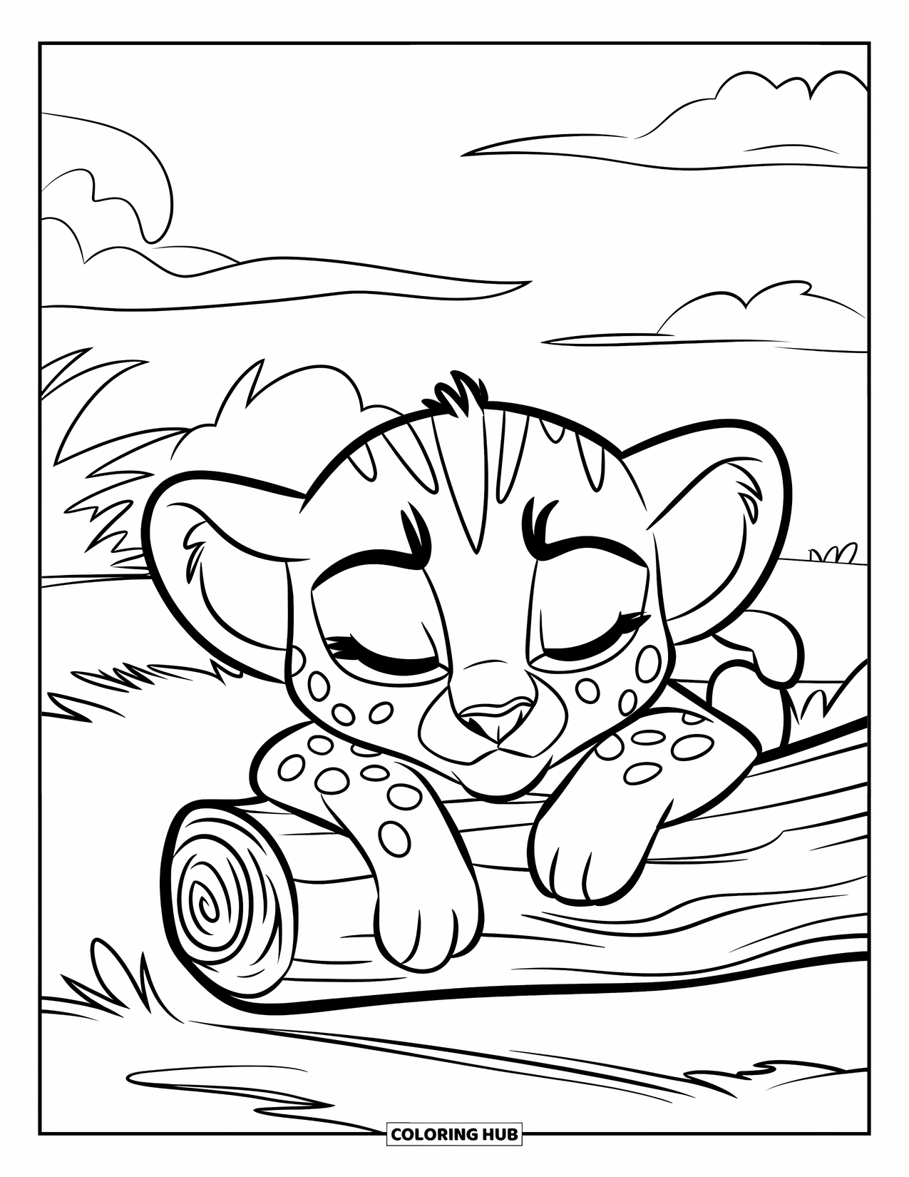 Disegni di ghepardi da colorare per bambini: Un cucciolo di ghepardo assonnato riposa su un tronco sotto nuvole soffici e alberi frondosi