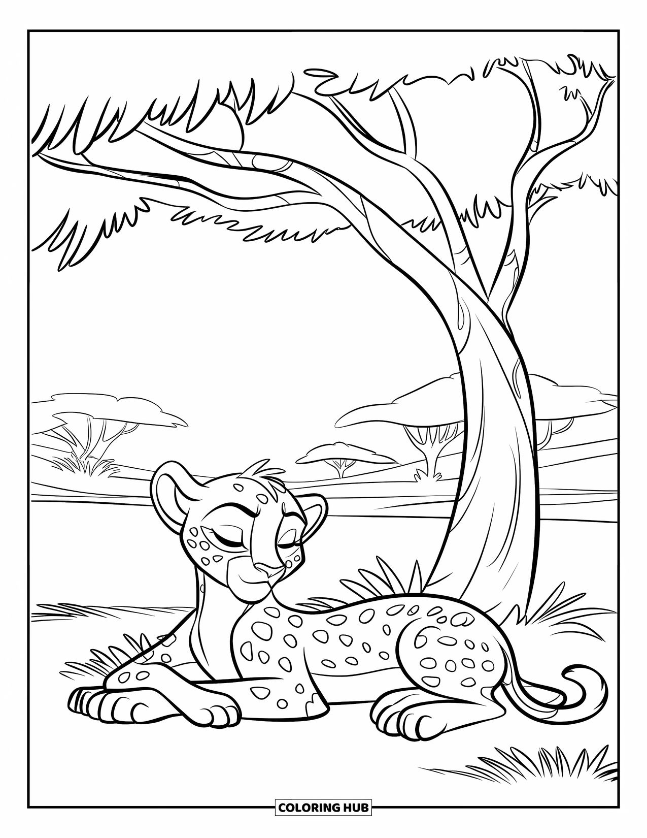 Disegni di ghepardi da colorare per bambini: Un ghepardo assonnato riposa nell'erba sotto un albero in una vasta savana