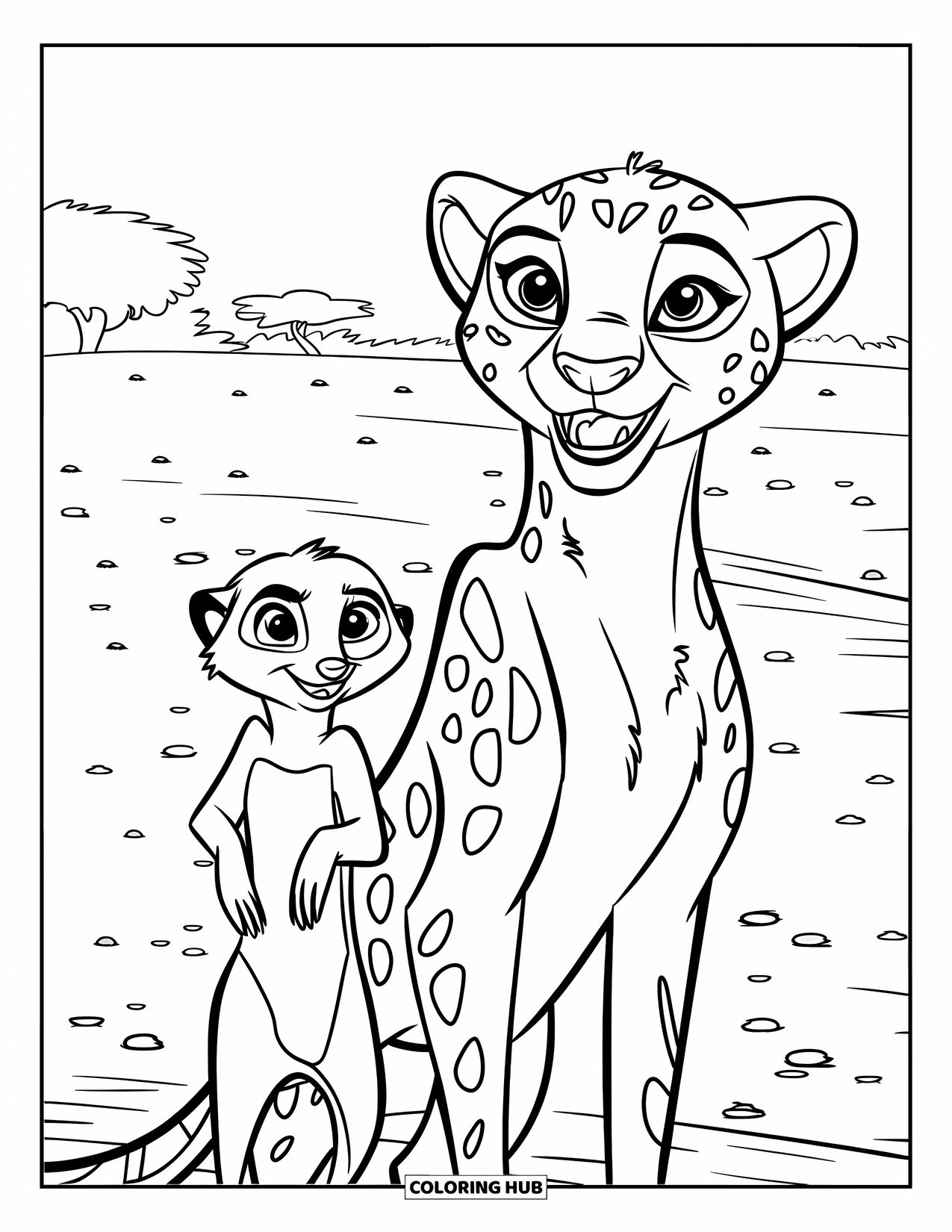 Disegno di ghepardo da colorare per bambini: Un ghepardo sorridente e un suricato stanno insieme in un campo con alberi sparsi e piccoli oggetti