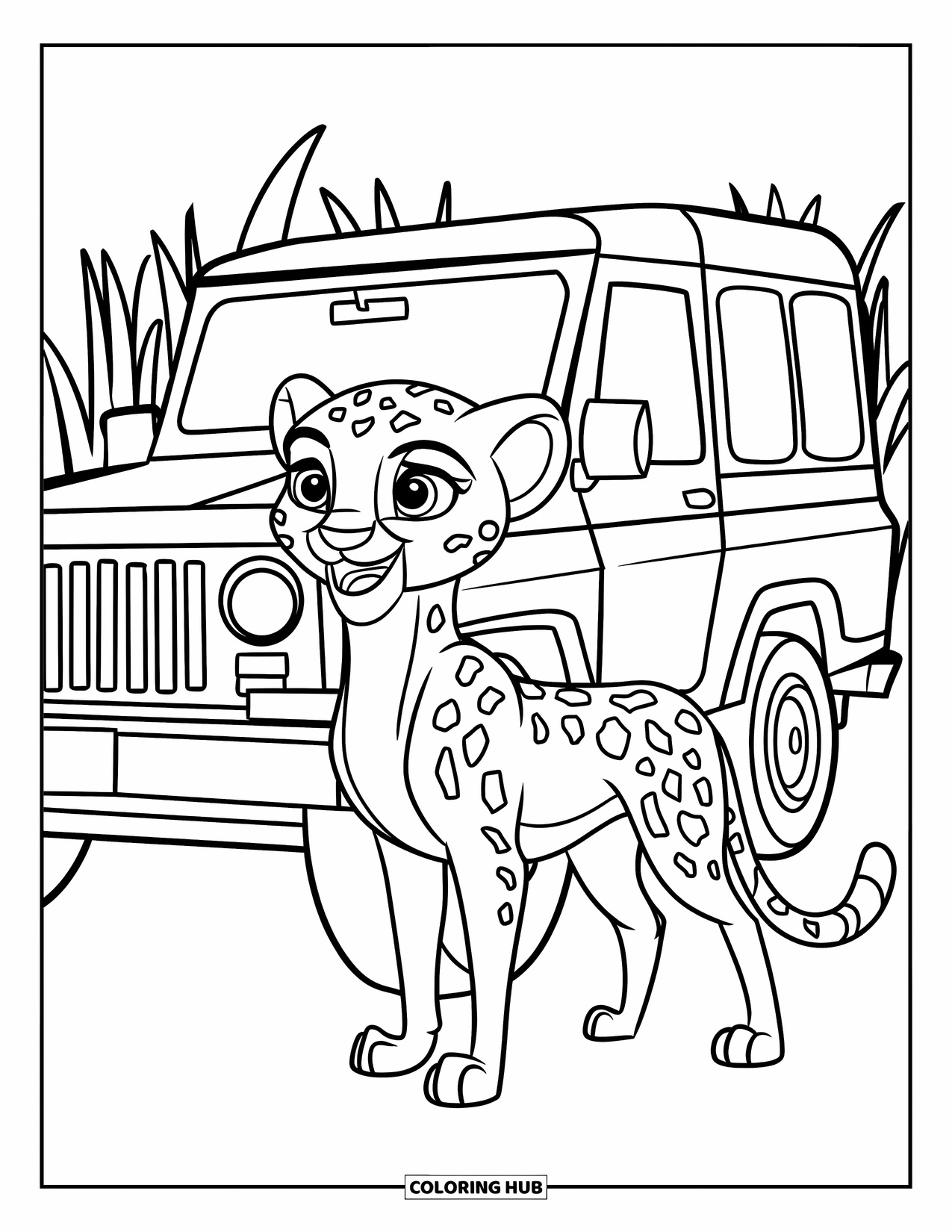 Disegni di ghepardi da colorare per bambini: Un ghepardo sorridente si trova presso una jeep da safari parcheggiata nell'erba alta