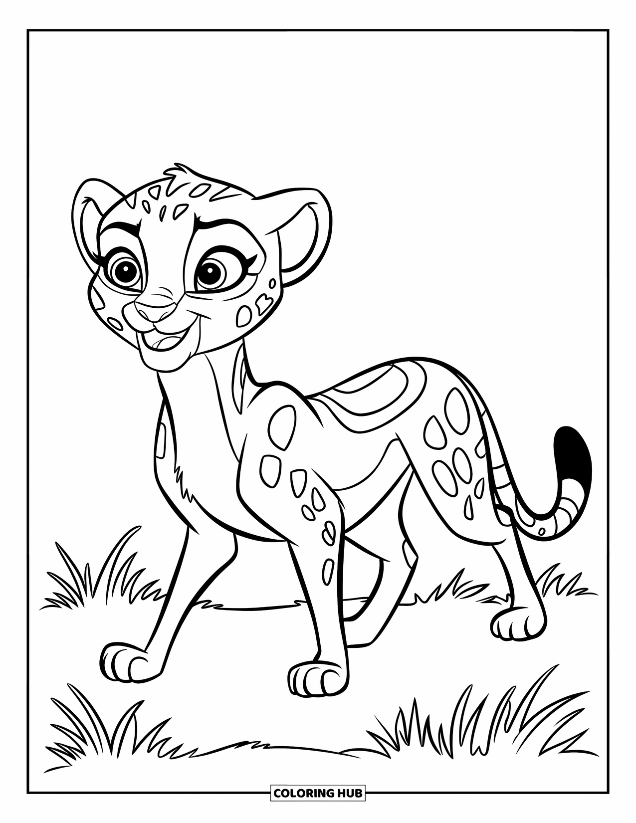 Disegni di ghepardi da colorare per bambini: Un ghepardo sorridente cammina lentamente nell'erba corta sotto un cielo soleggiato e luminoso