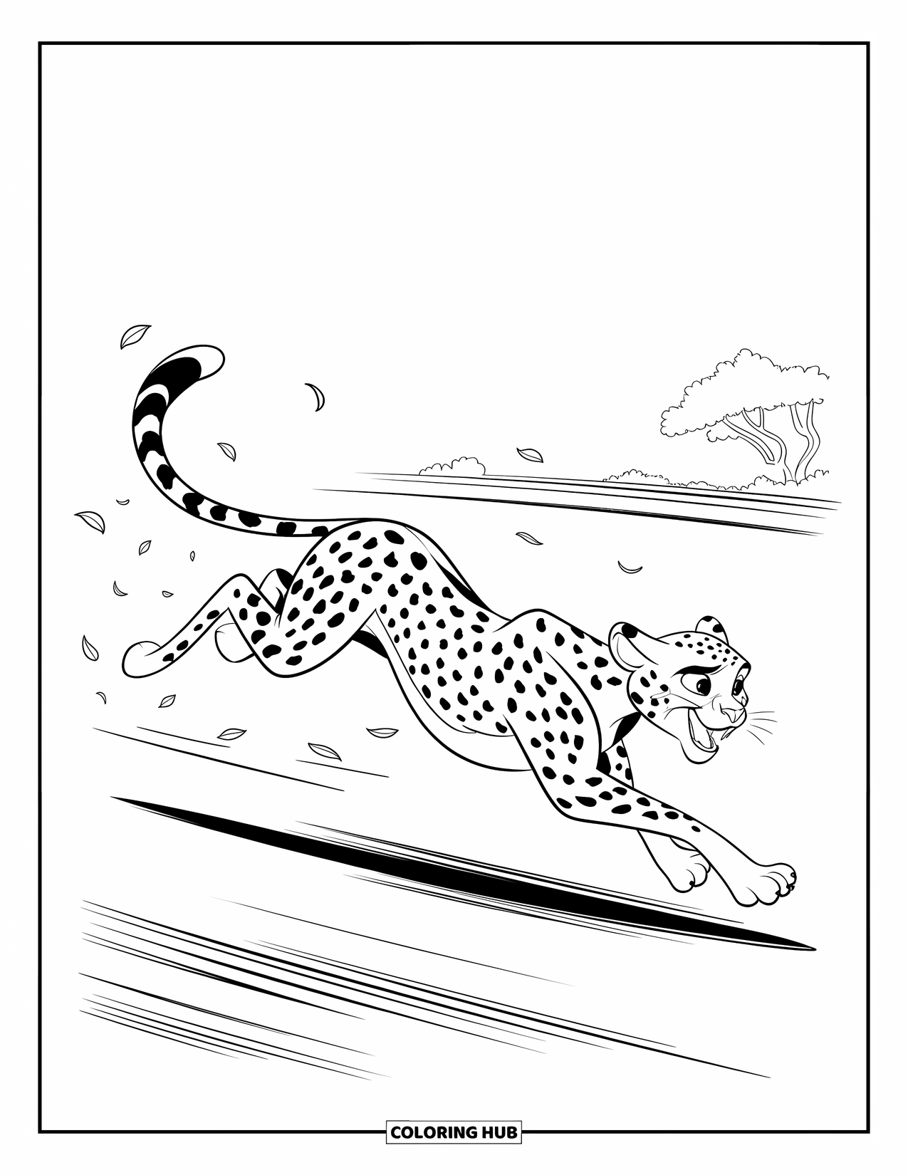 Disegni di ghepardi da colorare per bambini: Un ghepardo in corsa avanza velocemente con linee di vento e foglie che turbinano dietro