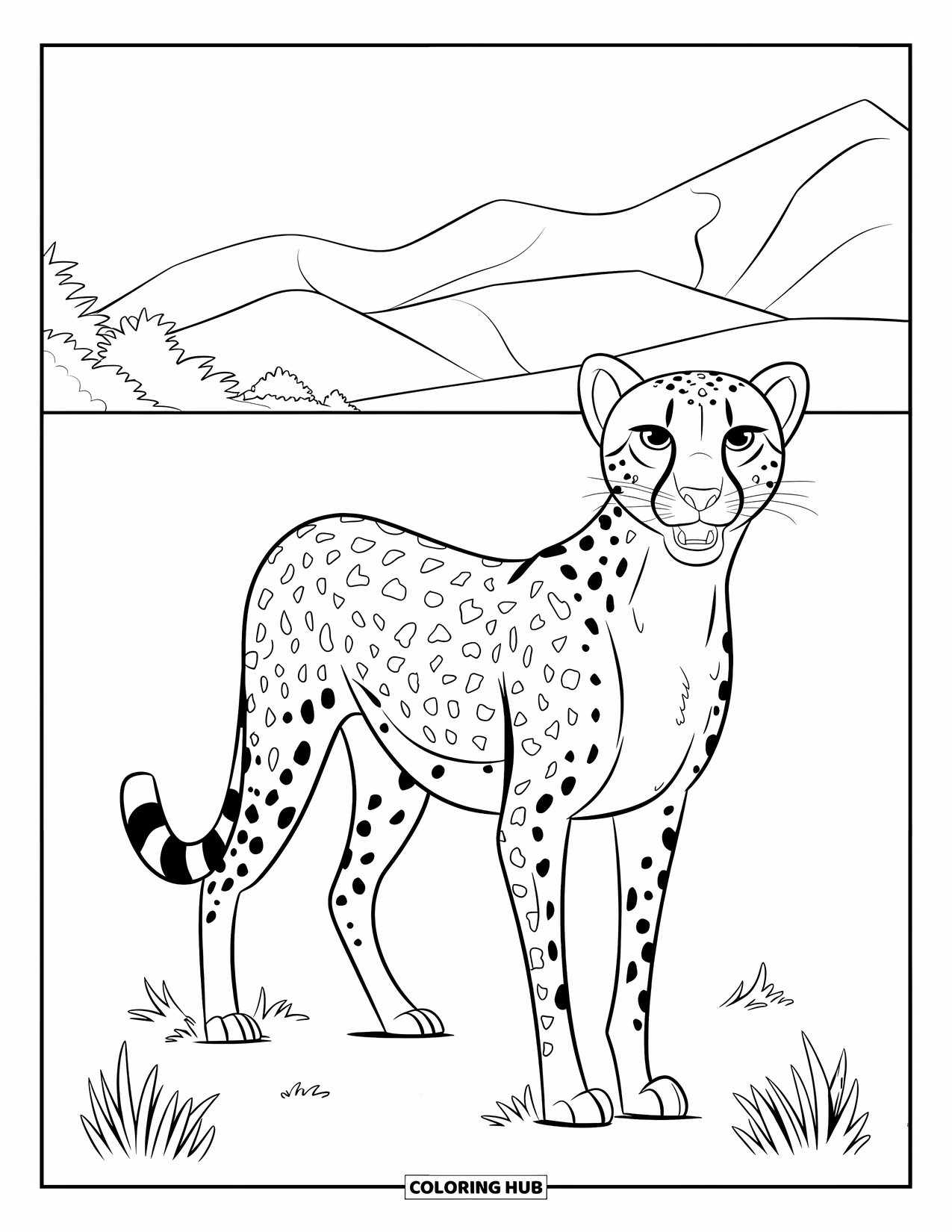 Disegno di ghepardo da colorare per bambini: Un ghepardo in piedi guarda avanti con occhi spalancati, montagne si innalzano in lontananza