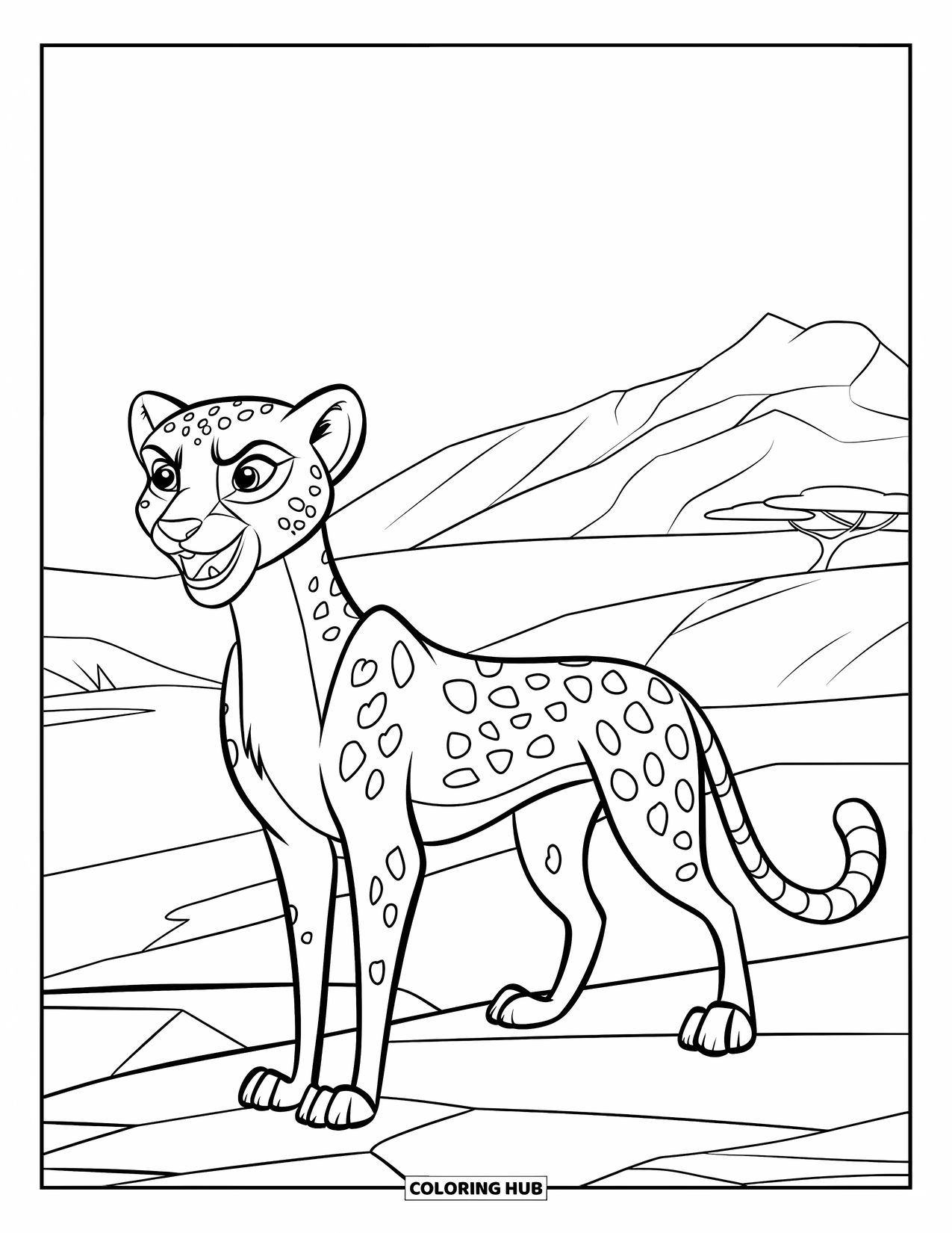 Disegni di ghepardi da colorare per bambini: Un ghepardo in piedi mostra i denti mentre osserva montagne e terreno roccioso