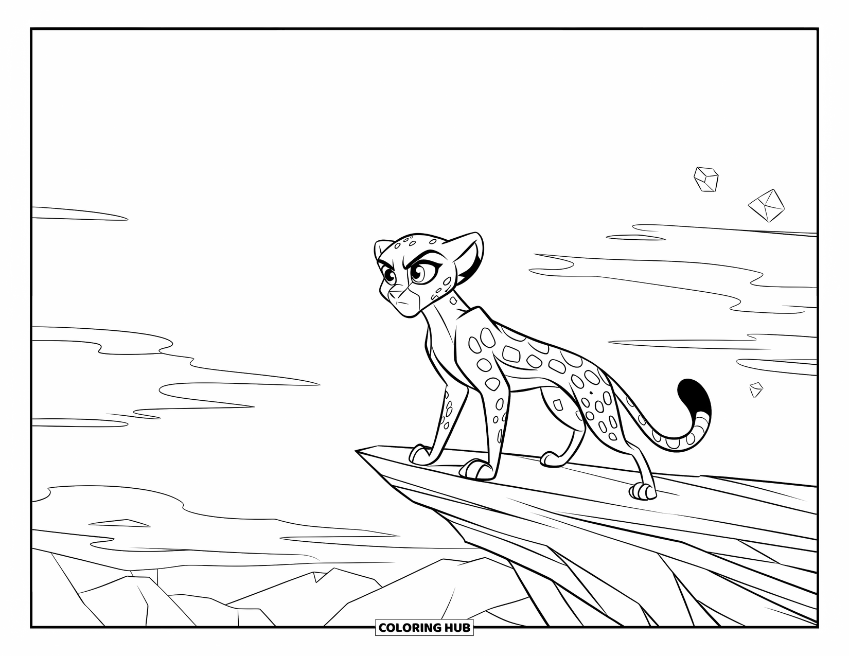 Disegni di ghepardi da colorare per bambini: Un ghepardo con occhi spalancati sta su una sporgenza sotto un cielo nuvoloso con forme fluttuanti nelle vicinanze