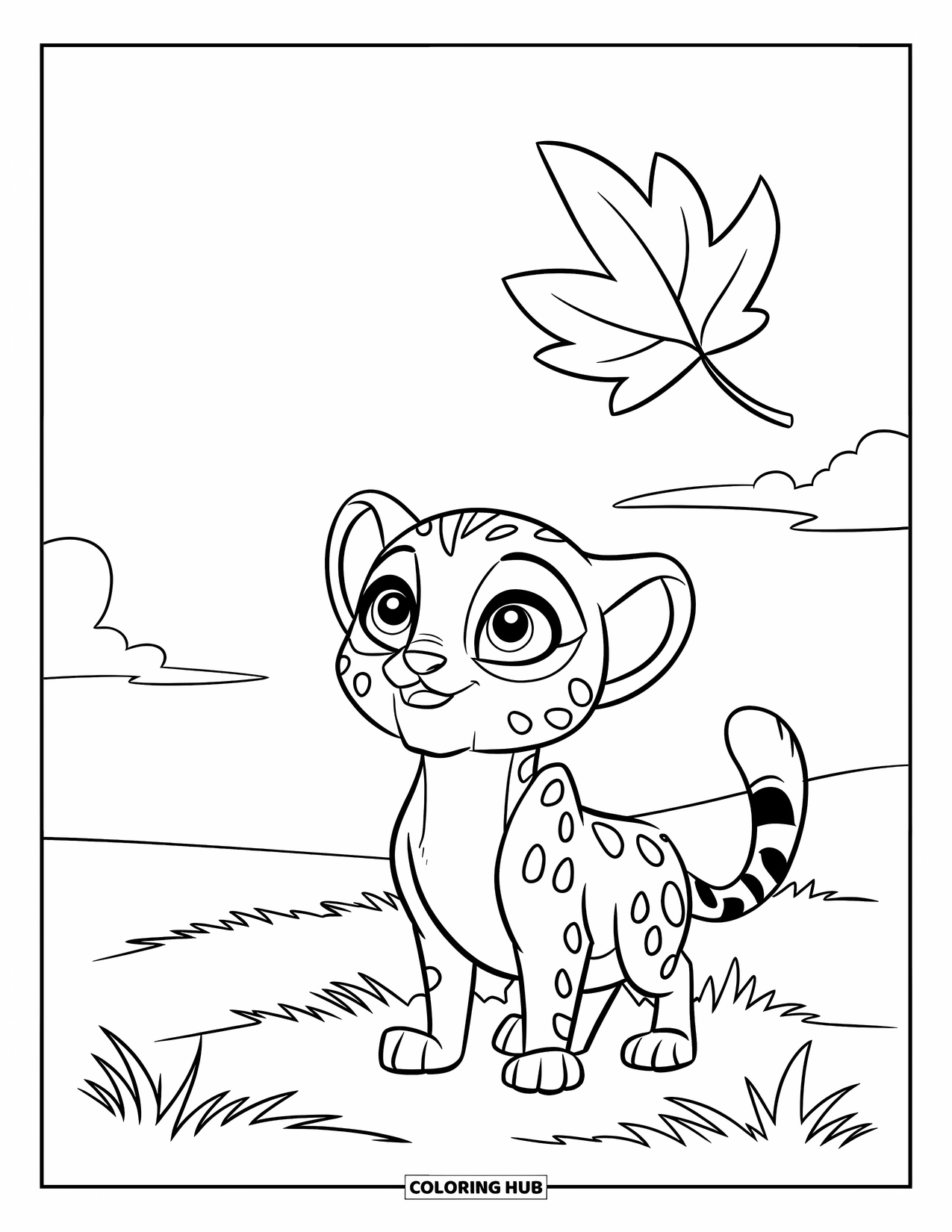 Disegni di ghepardi da colorare per bambini: Un cucciolo con occhi spalancati è seduto nell'erba guardando una foglia galleggiare sotto un cielo luminoso