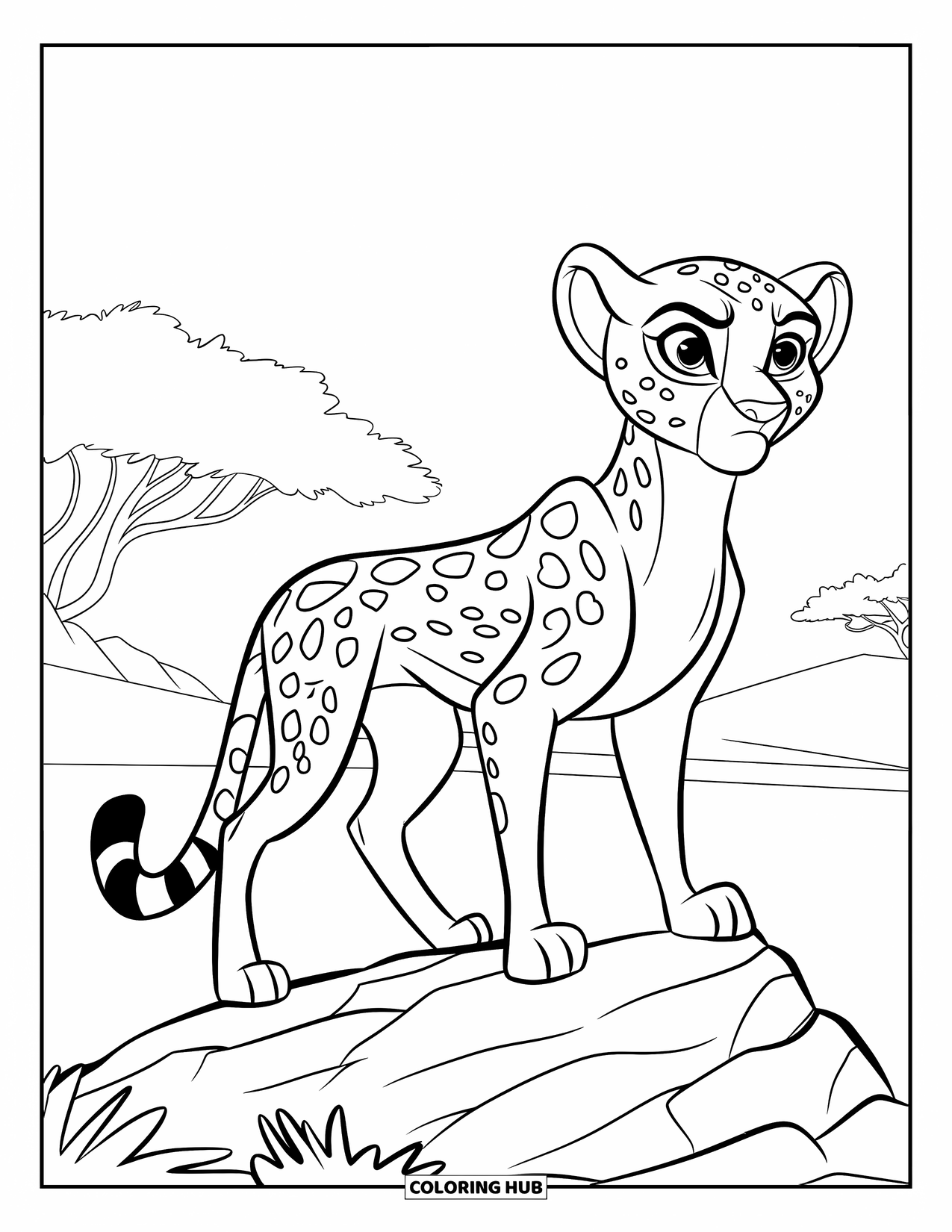 Disegni di ghepardi da colorare per bambini: Un ghepardo vigile sta su una roccia con orecchie in avanti e alberi in distanza