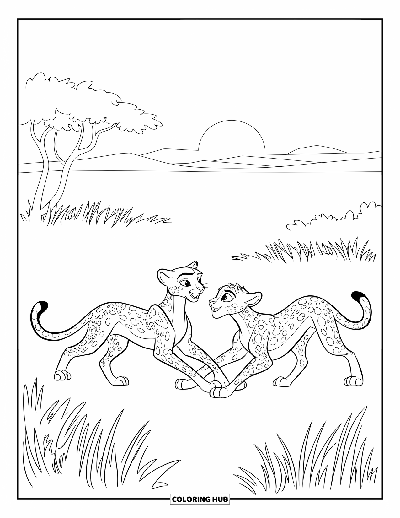 Disegni di ghepardi da colorare per bambini: Ghepardi giocosi lottano nell'erba alta sotto un cielo limpido con un sole che tramonta
