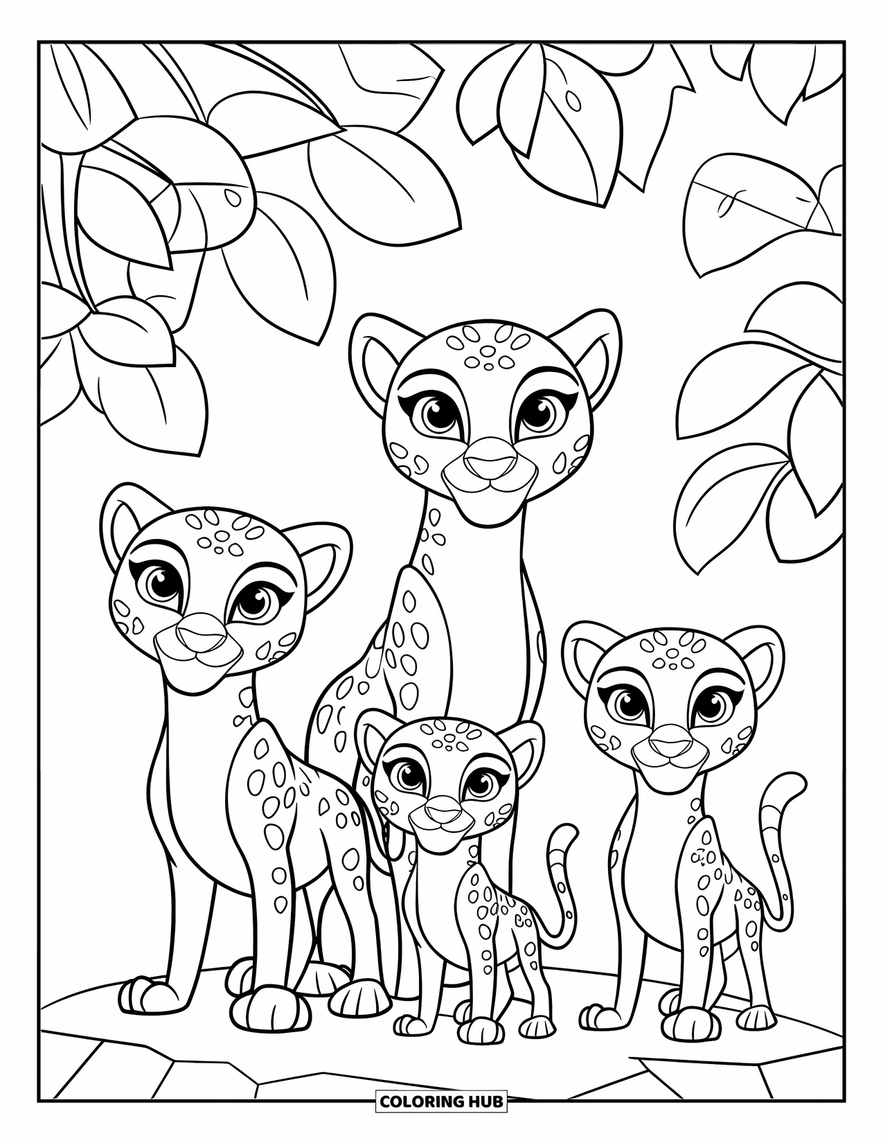 Disegni di ghepardi da colorare per bambini: Tre ghepardi carini stanno su una roccia in una giungla con alberi dalle foglie rotonde