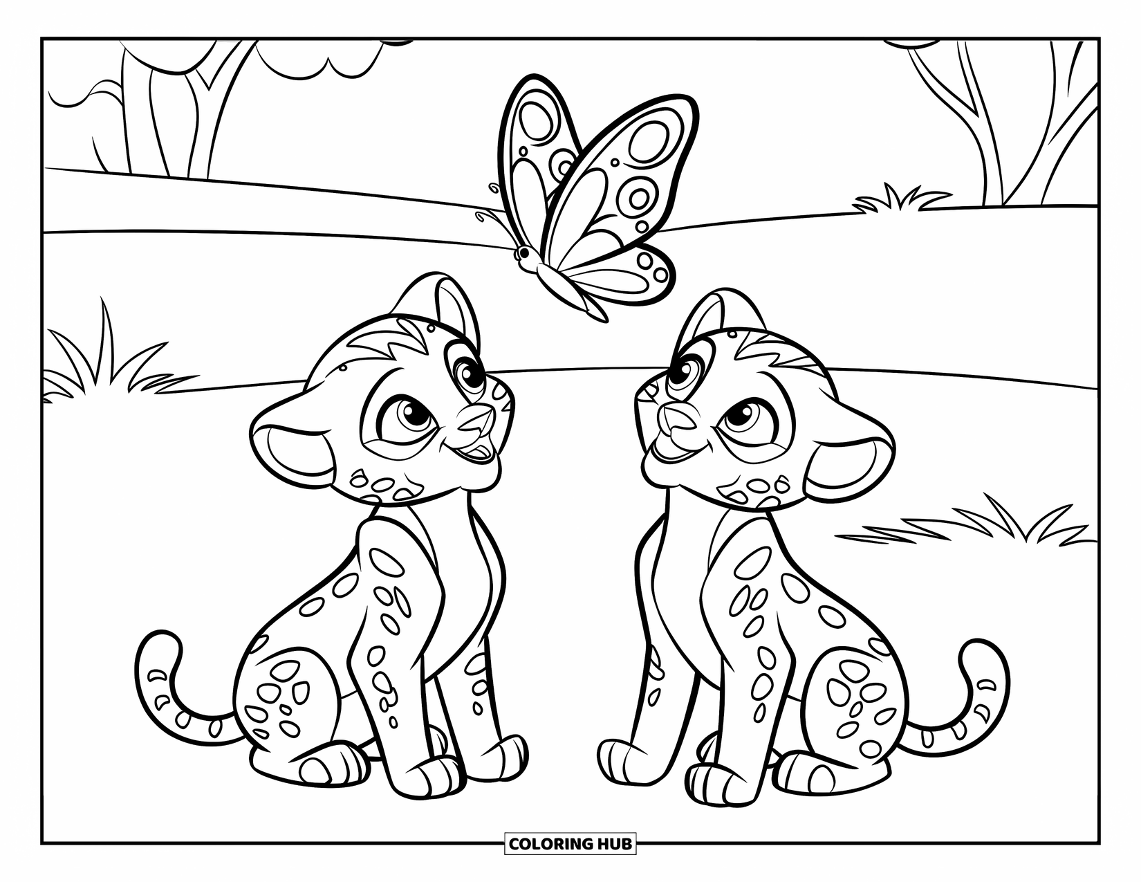 Disegni di ghepardi da colorare per bambini: Due ghepardi curiosi osservano una farfalla svolazzare in un campo erboso tranquillo