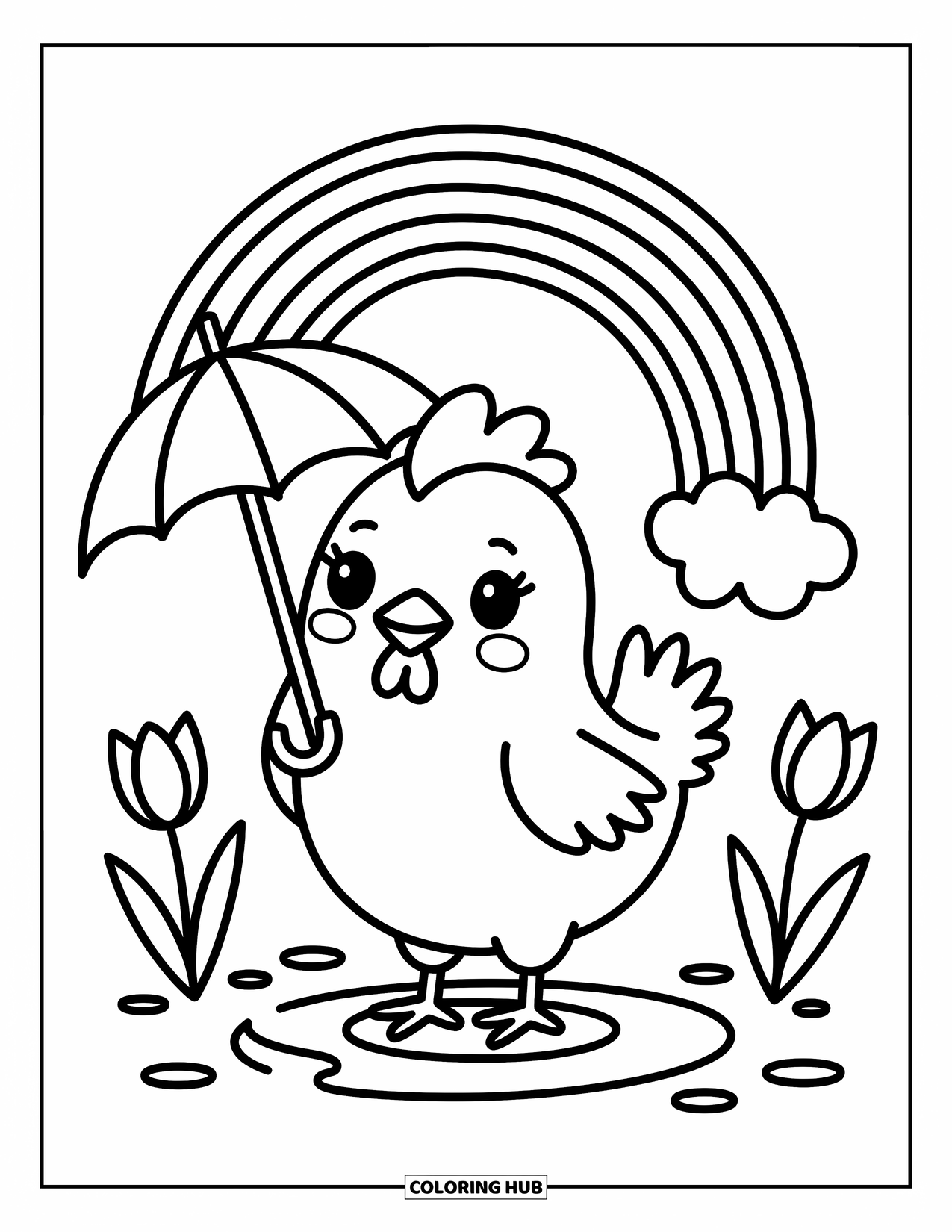 Chicken Coloring Page for Adults: Cheerful chicken splashes in a puddle holding a tiny umbrella