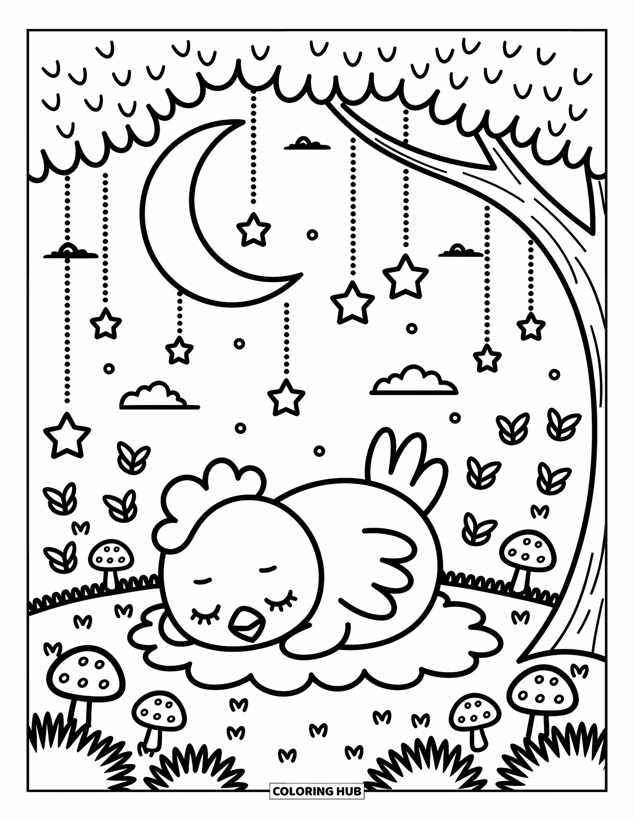 Chicken Coloring Page for Adults: Chicken dozing peacefully on grass beneath stars and fluffy clouds