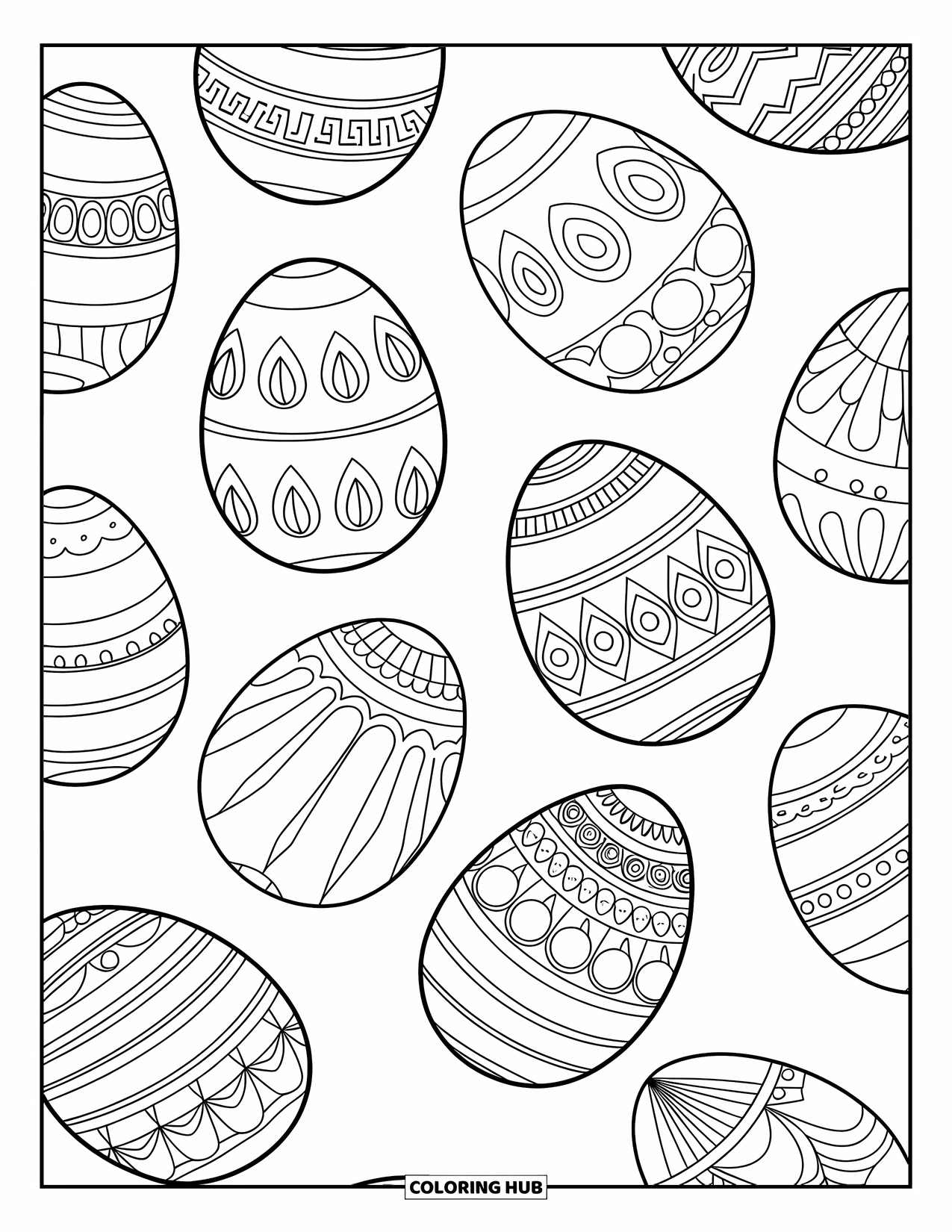 Chicken Coloring Page for Adults: Chicken eggs with floral and circular designs on a white page
