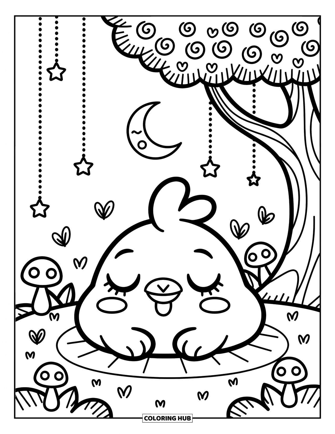 Chicken Coloring Page for Adults: Chicken naps under a dreamy moon with stars and mushrooms