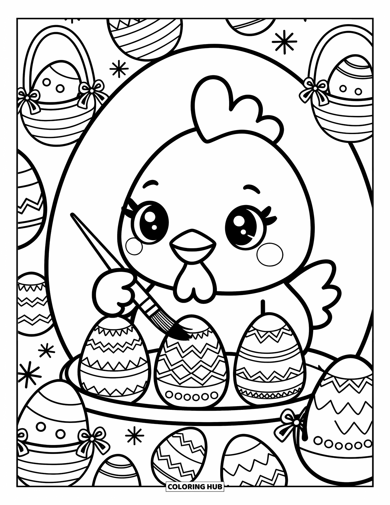 Chicken Coloring Page for Adults: Chicken paints patterned eggs beside baskets and ribbons