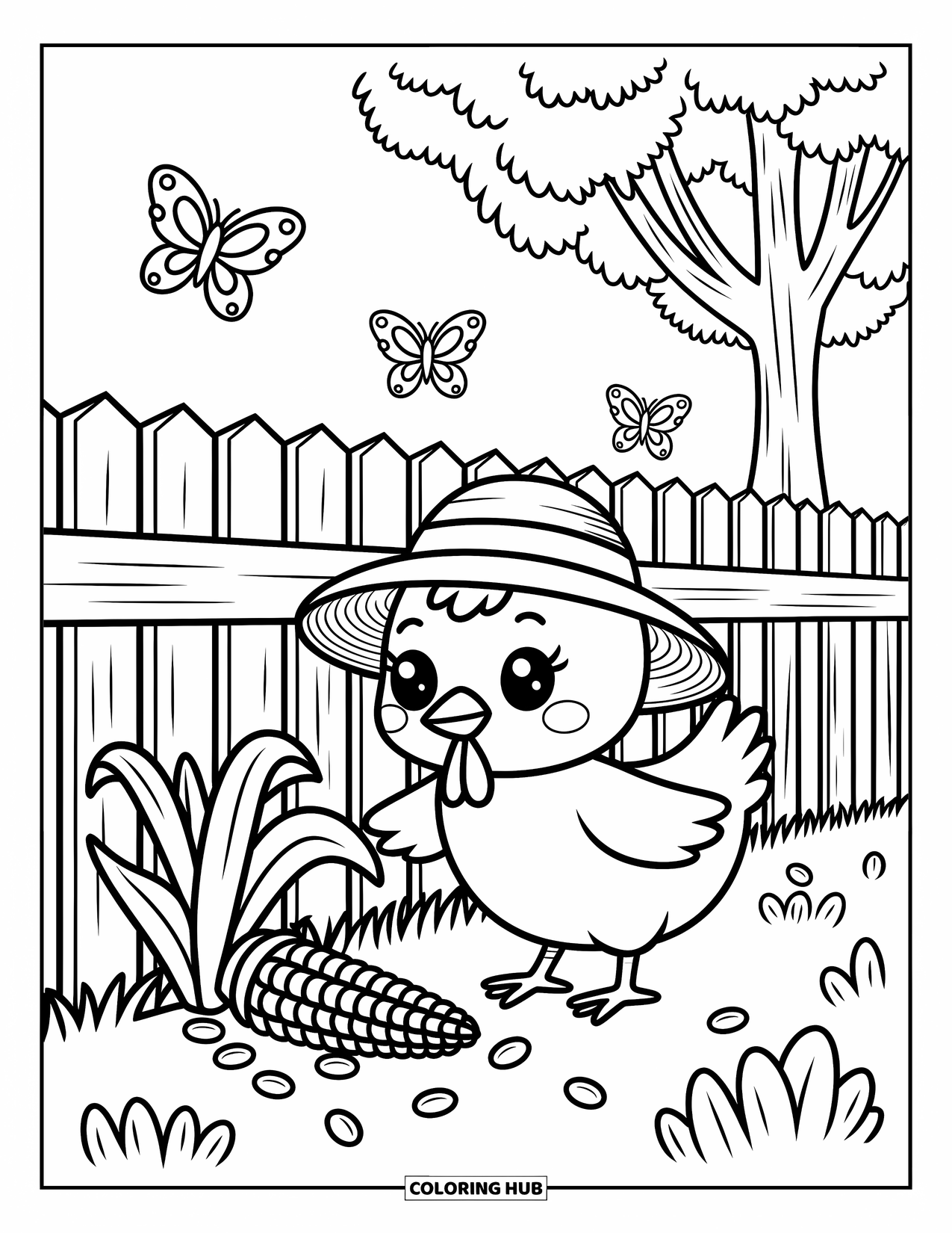 Chicken Coloring Page for Adults: Chicken pecks gently as butterflies float beside a tall tree