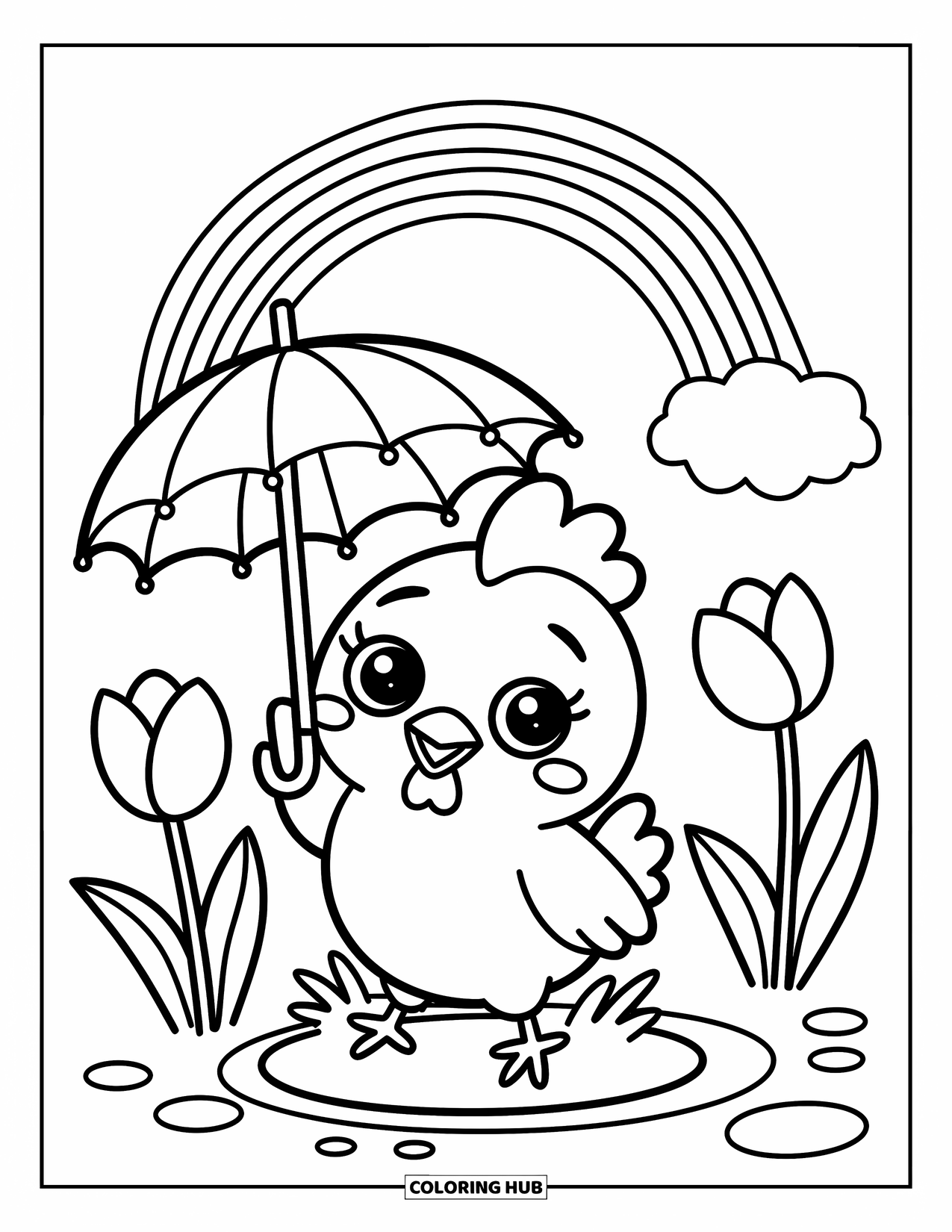 Chicken Coloring Page for Adults: Chicken plays in a puddle with tulips and a rainbow overhead