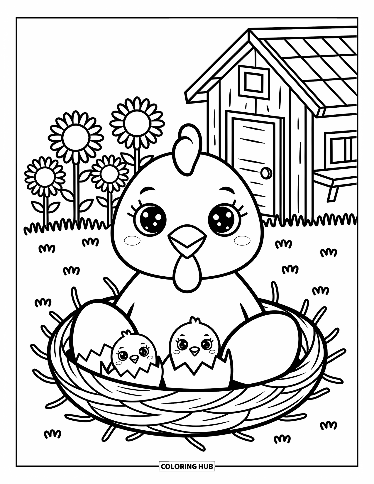 Chicken Coloring Page for Adults: Chicken sits in a nest with eggs and peeking baby chicks