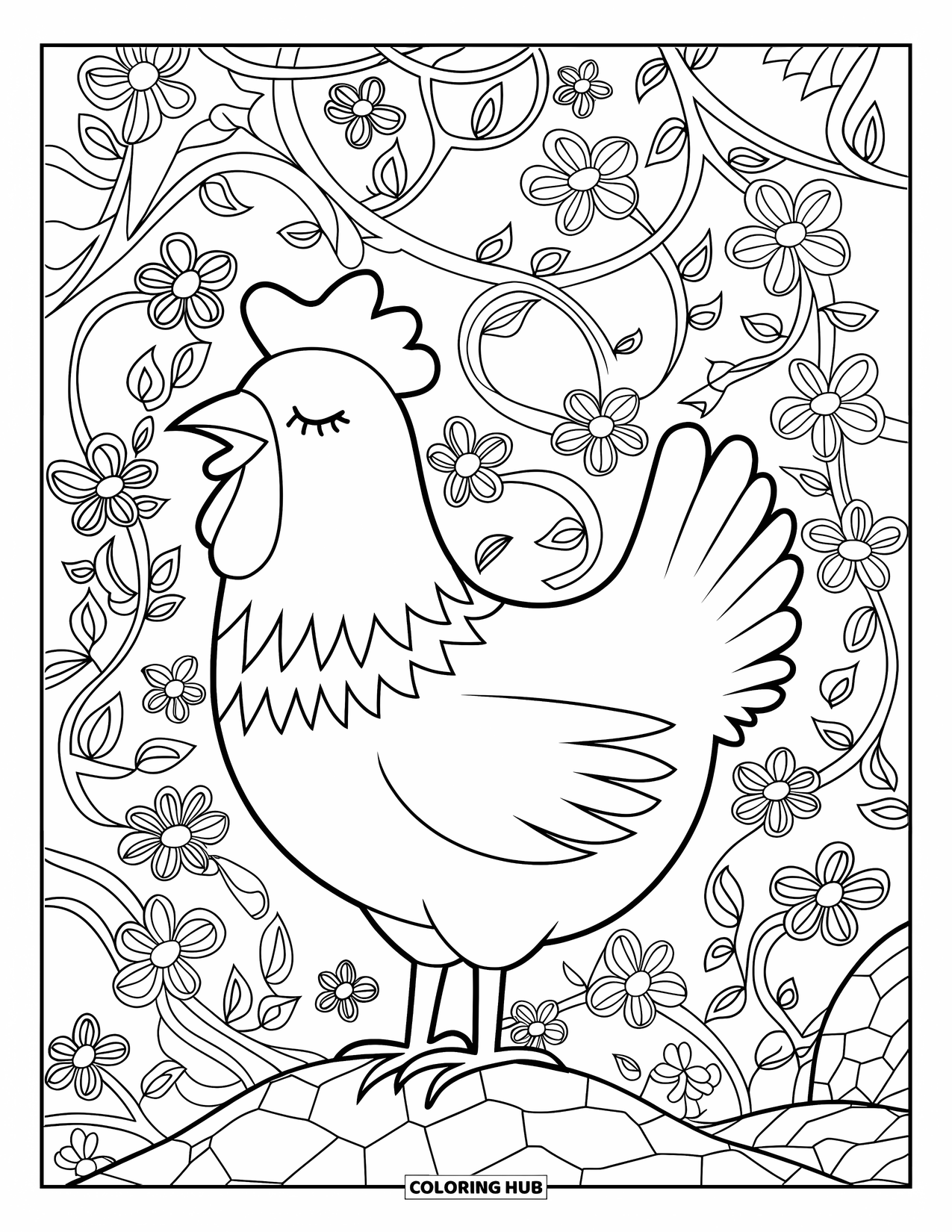 Chicken Coloring Page for Adults: Chicken stands peacefully on a rock with swirling floral designs
