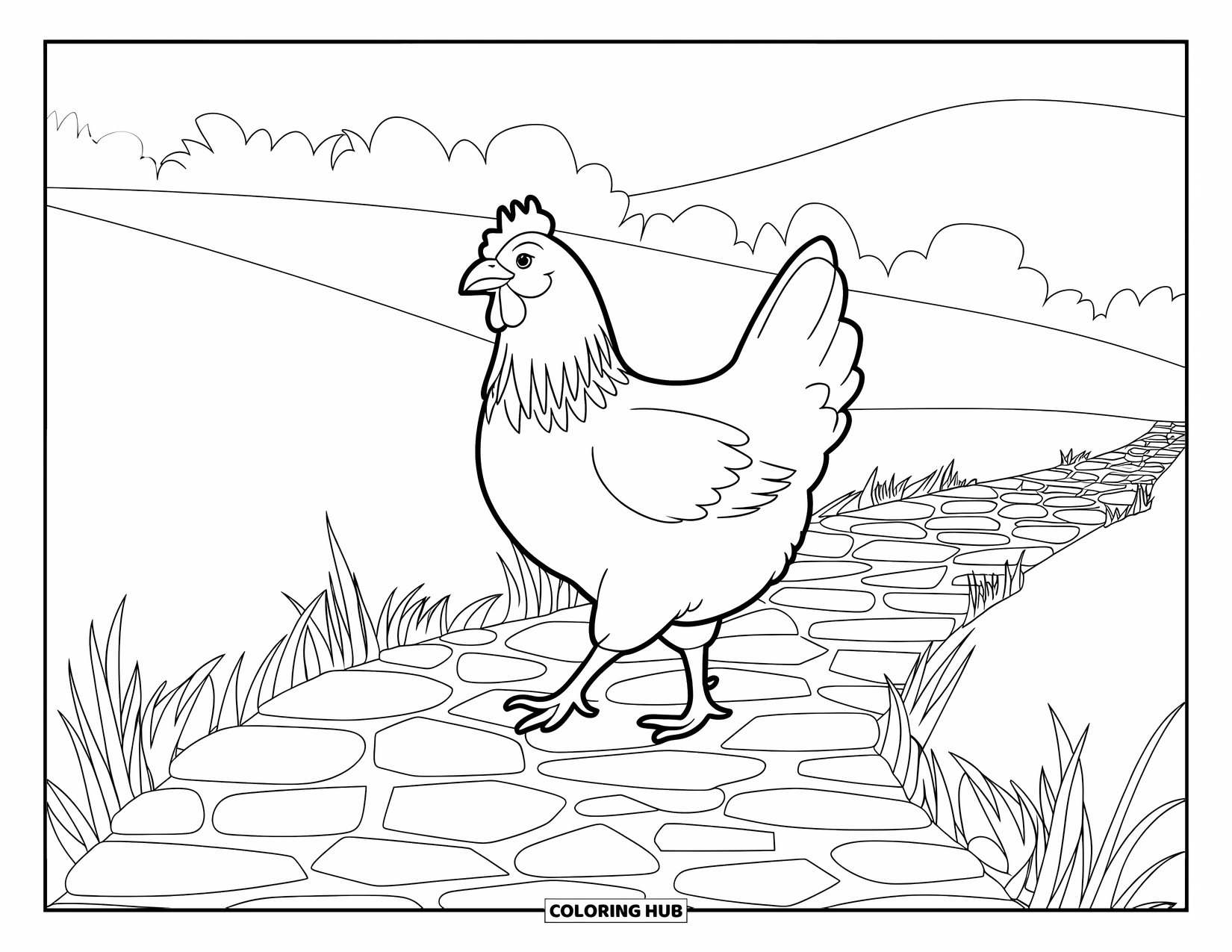 Chicken Coloring Page for Adults: Chicken walks a cobblestone path with grass and trees around