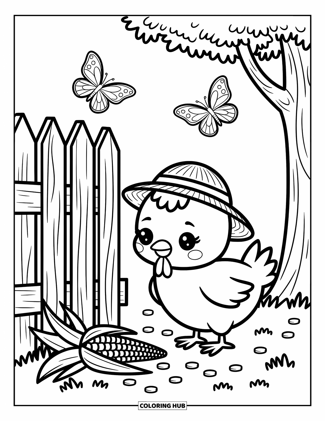 Chicken Coloring Page for Adults: Chicken with a straw hat enjoys corn and butterflies by a fence