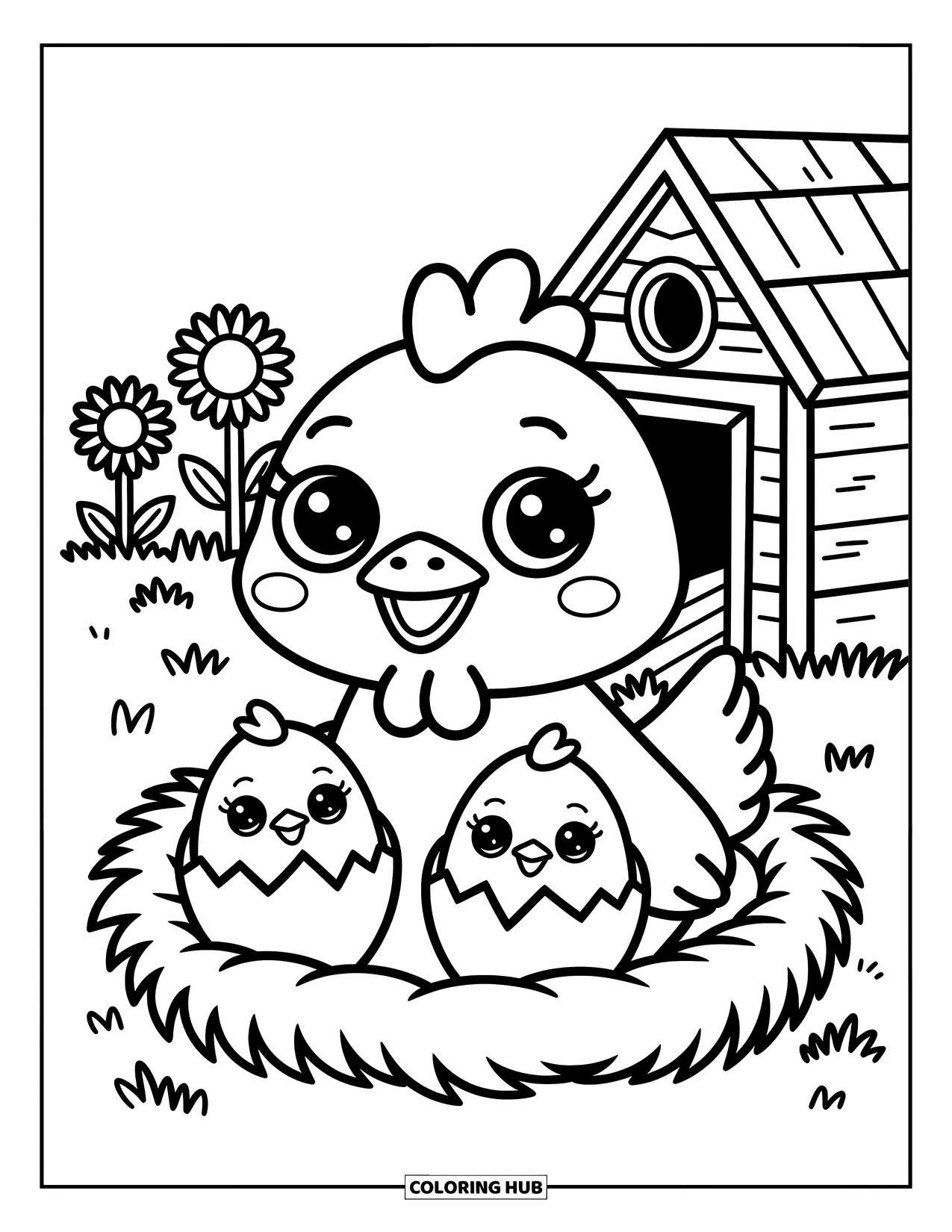 Chicken Coloring Page for Adults: Chicken with big eyes rests in a nest with curious chicks