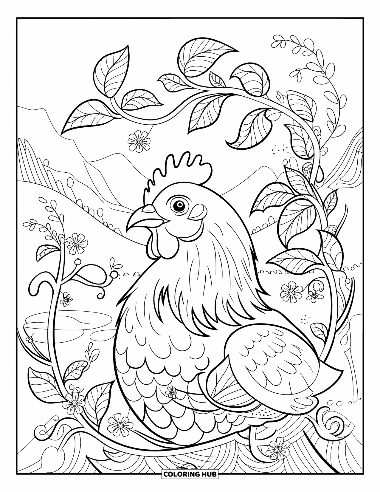 Chicken Coloring Page for Adults: Chicken with head turned stands in swirling floral scenery