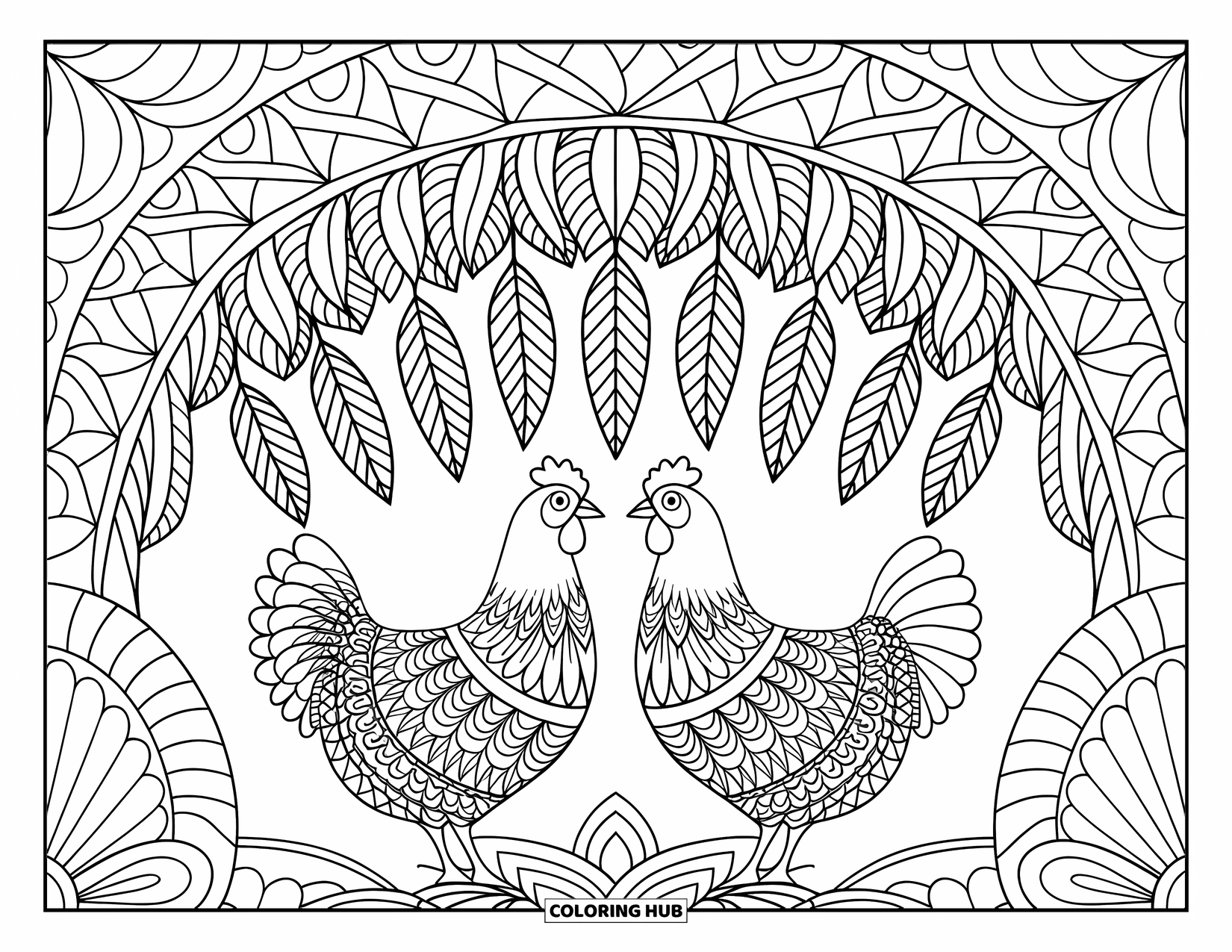 Chicken Coloring Page for Adults: Chickens beneath a mandala canopy with patterns and peaceful scenery