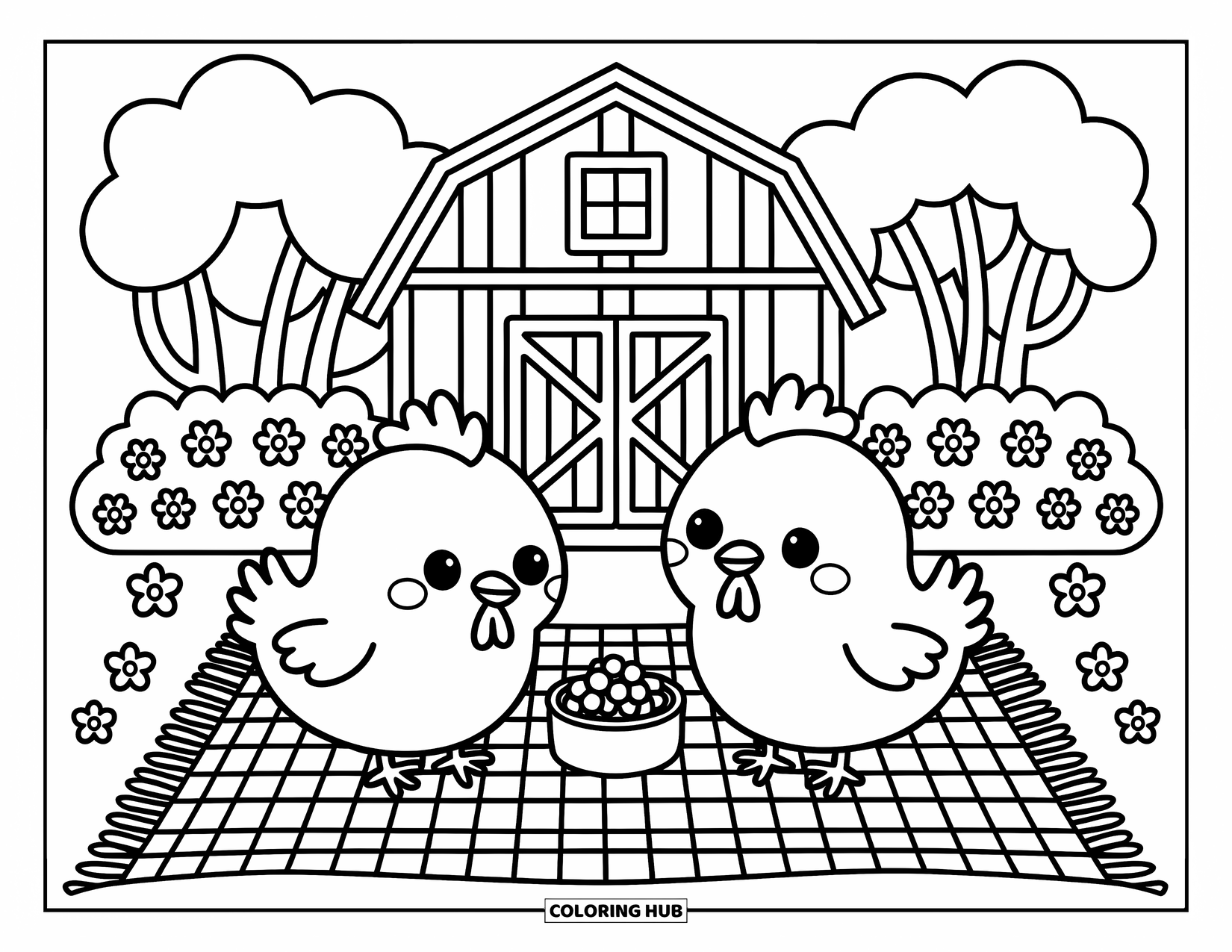 Chicken Coloring Page for Adults: Cute chickens having a tiny picnic near trees and a cozy barn