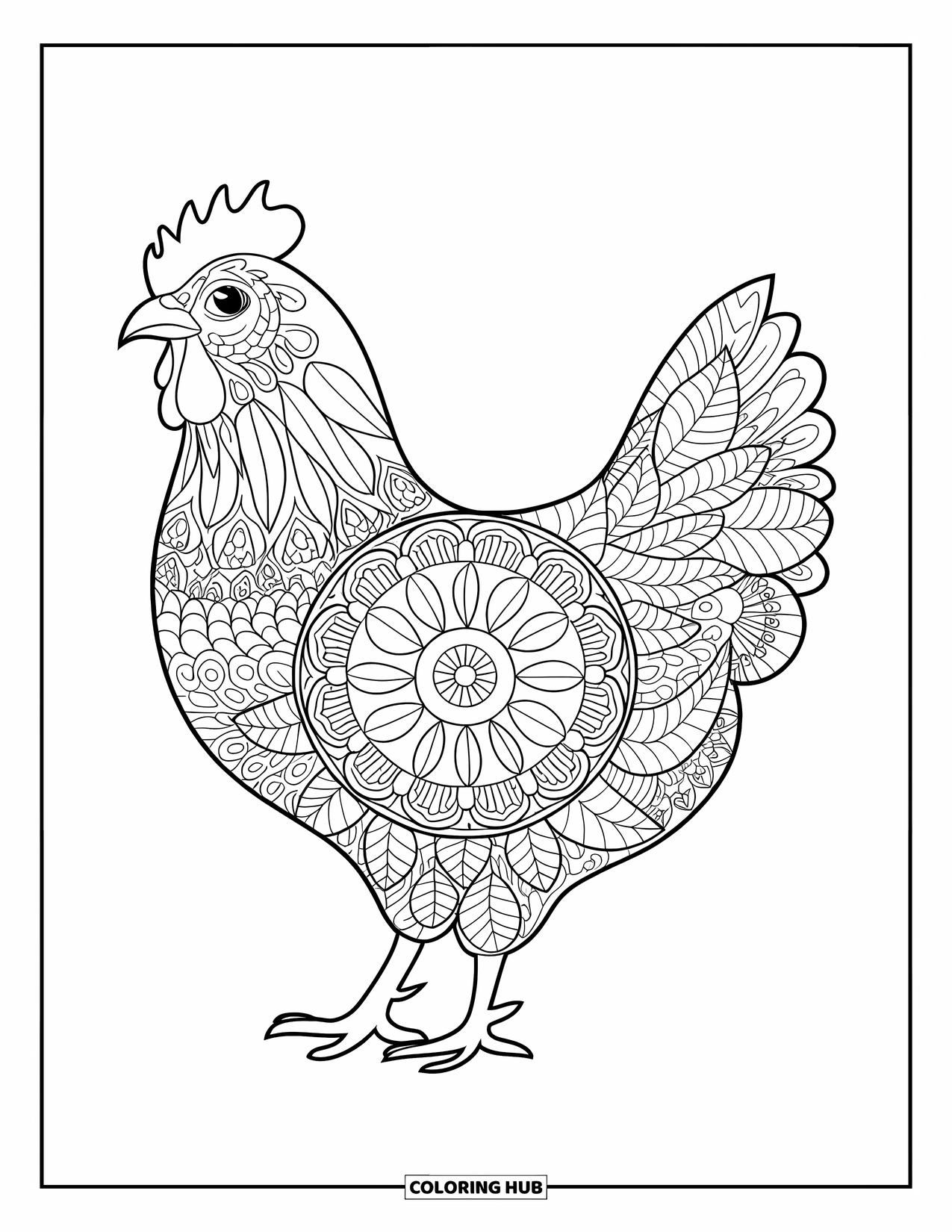 Chicken Coloring Page for Adults: Floral-patterned chicken with an empty background for creative coloring