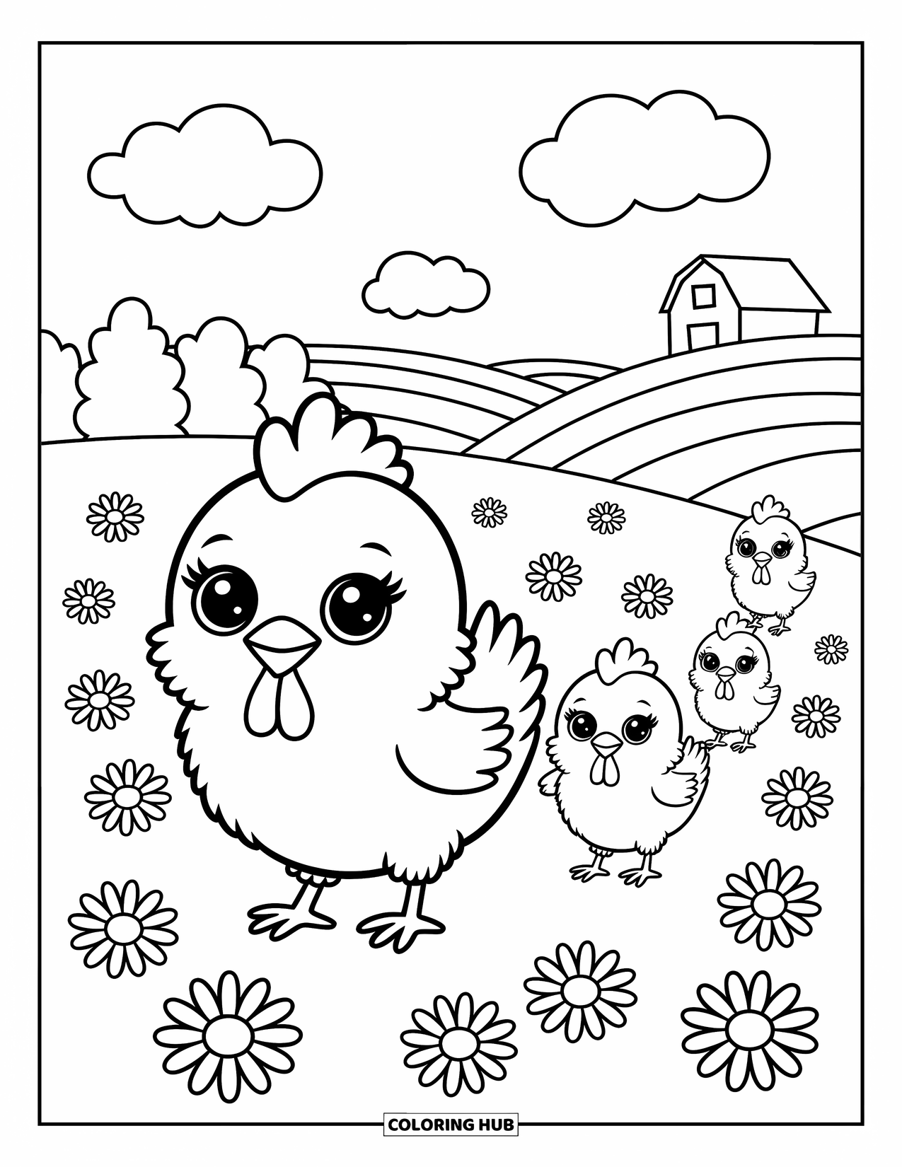 Chicken Coloring Page for Adults: Fluffy hen and three chicks wander through flowers and soft hills