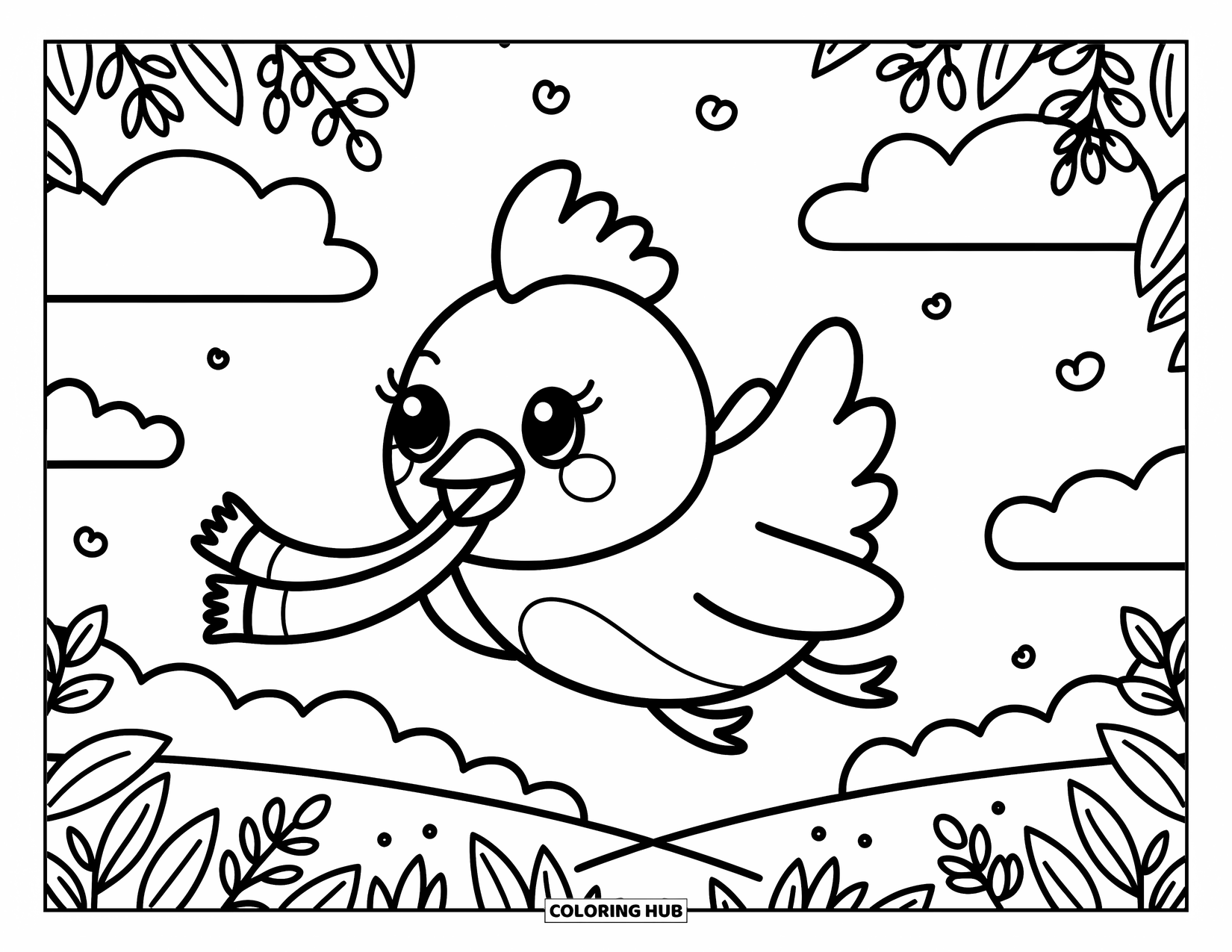 Chicken Coloring Page for Adults: Goofy chicken flying with a scarf over trees and puffy clouds